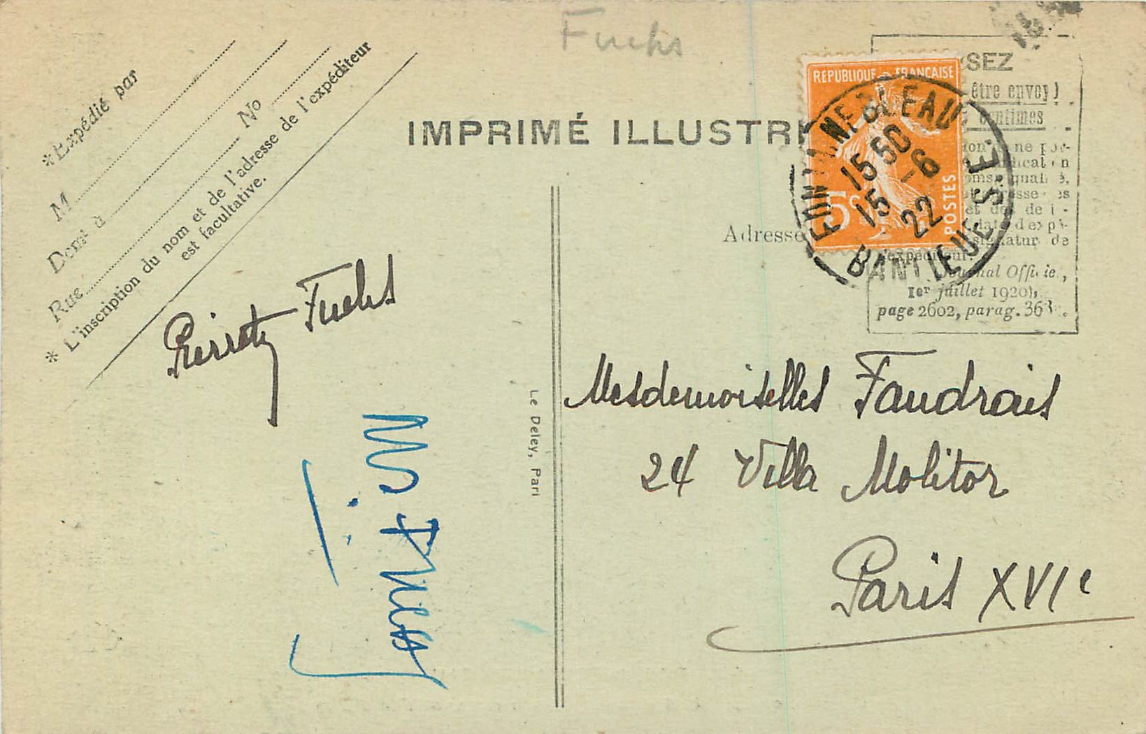Napoleons Hut bei seiner Rückkehr von der Insel Elba — Schloss Fontainebleau — Verlag Fontainebleau, Nr. 949 — Rückseite