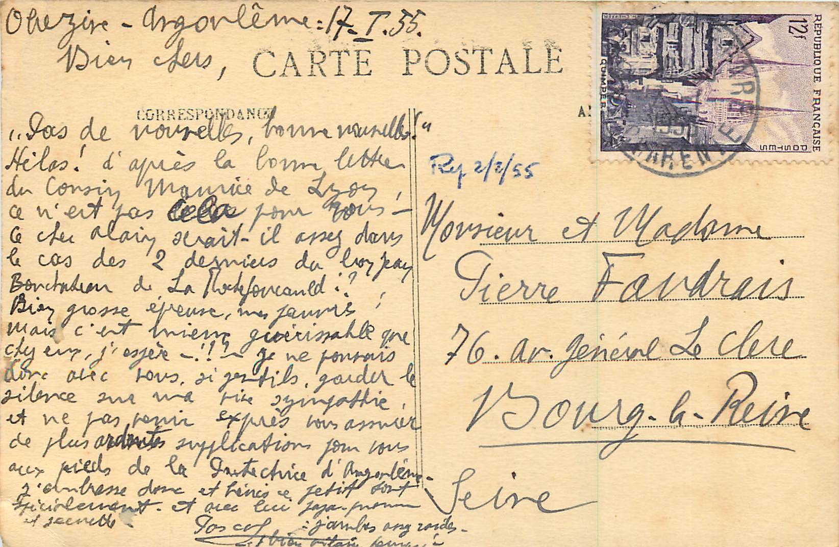 CPA Angouleme Chapelle de N D d'Obezine — Rückseite