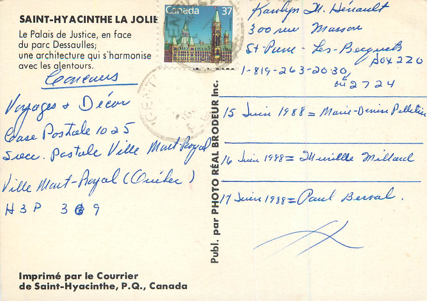 CPM Saint Hyacinthe la Jolie (Quebec) Canada Le Palais de Justice en Face du Parc Dessaulles  — Back