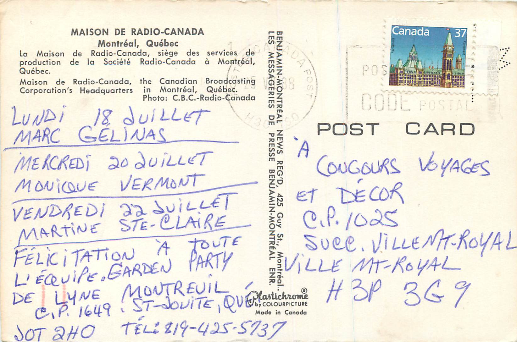 CPM Montreal Quebec Maison de Radio Canada — Back