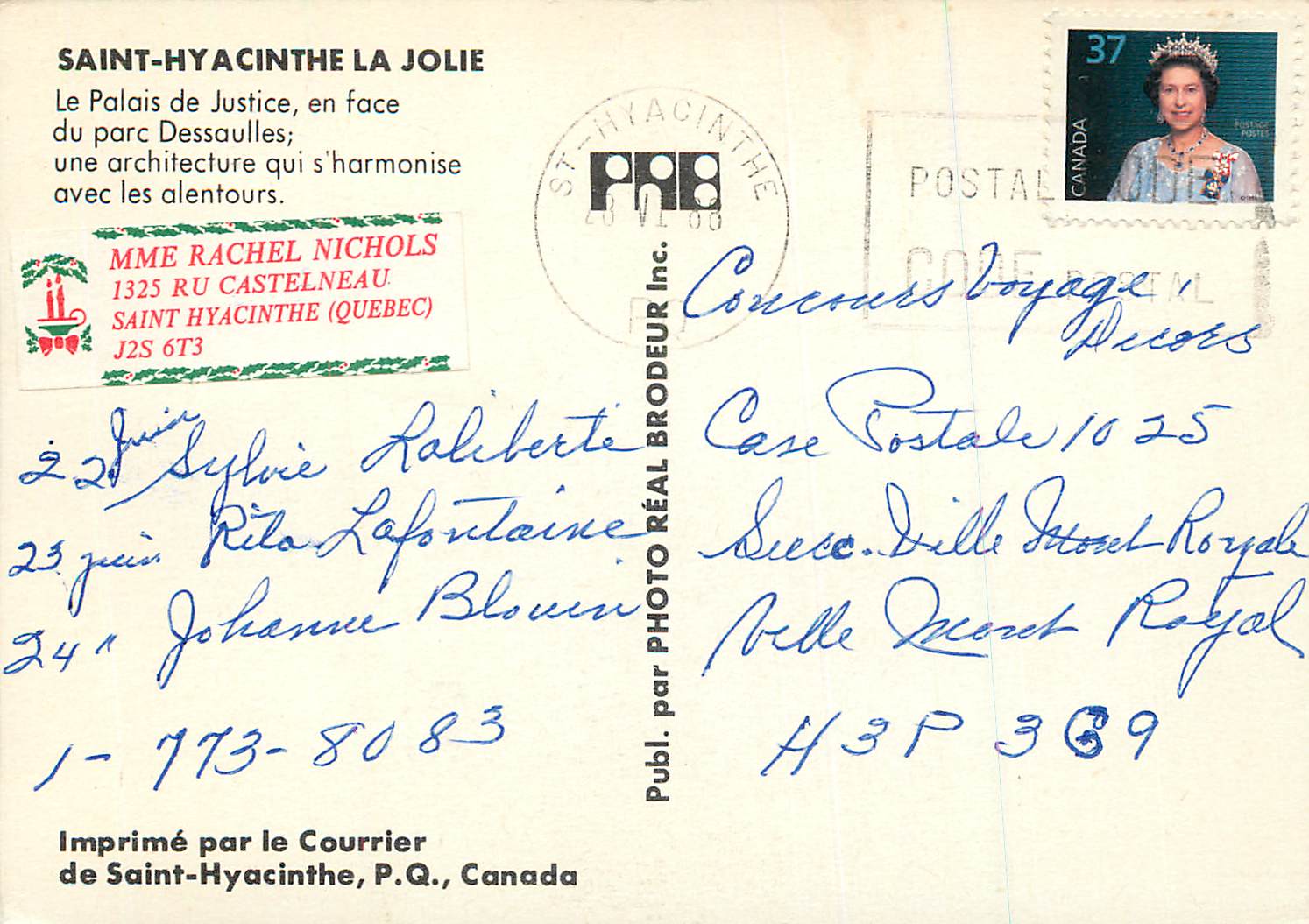 CPM Saint Hyacinthe la Jolie (Quebec) Le Palais de Justice en Face du Parc Dessaulles — Back