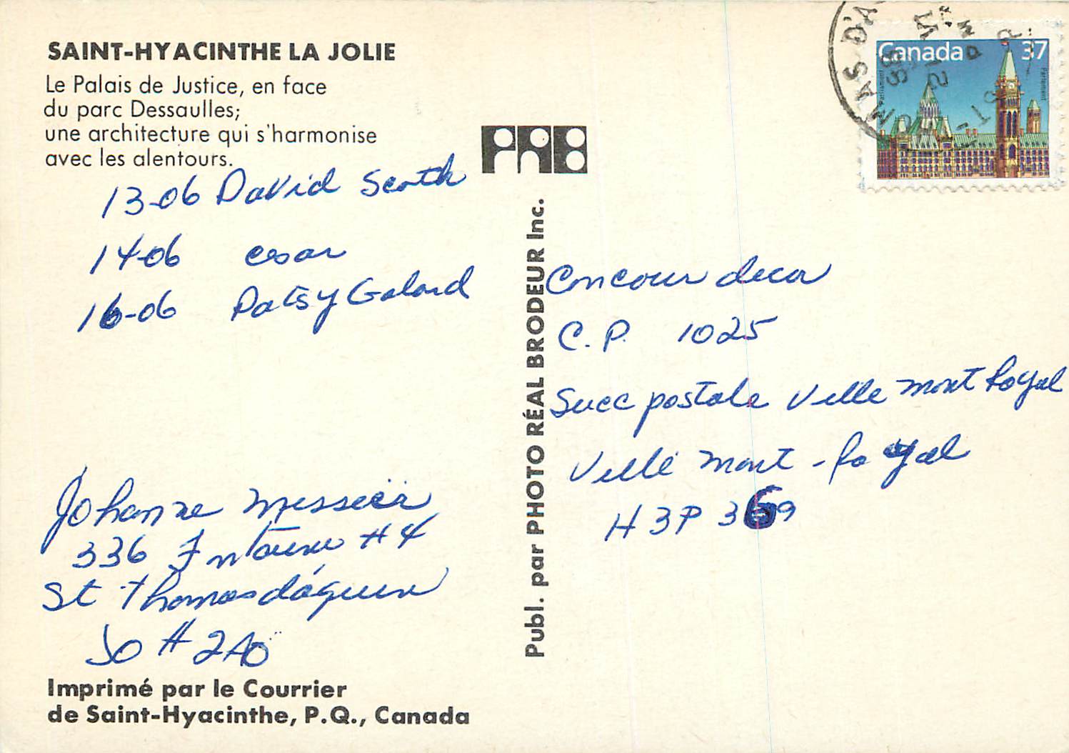 CPM Saint Hyacinthe la Jolie (Quebec) Le Palais de Justice en Face du Parc Dessaulles — Back