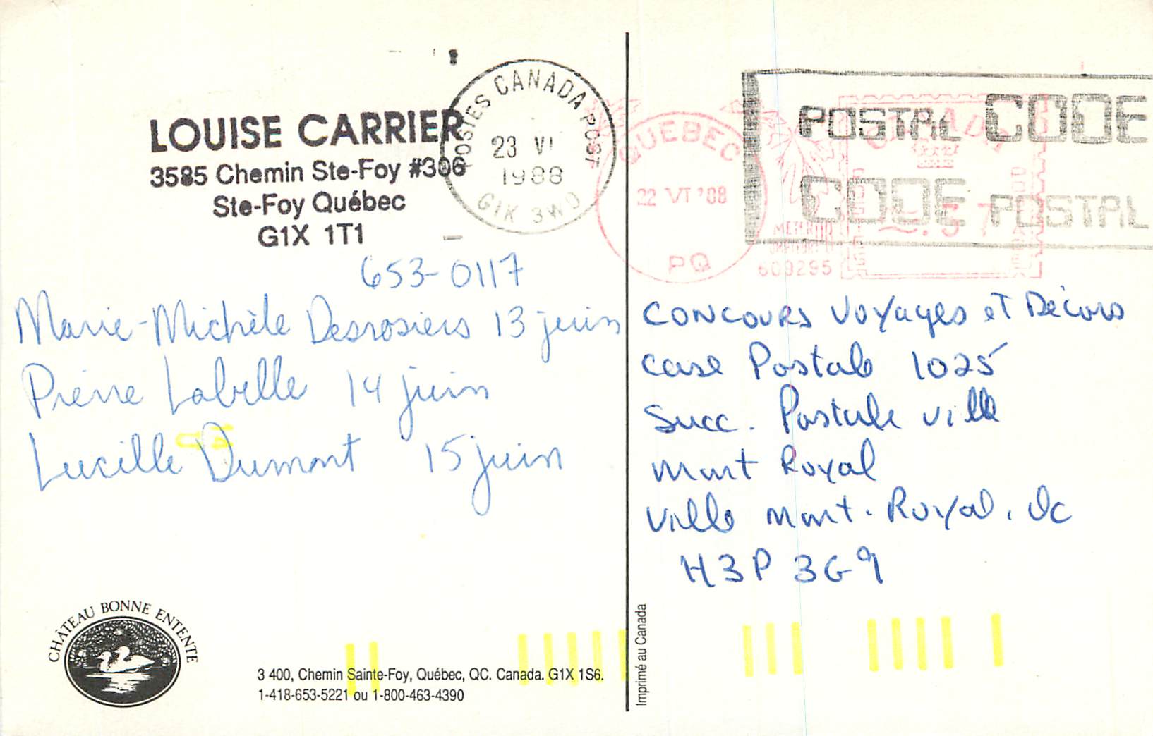 CPM Quebec L'Autte Chateau Louise Carrier Chemin Ste Foy — Rückseite