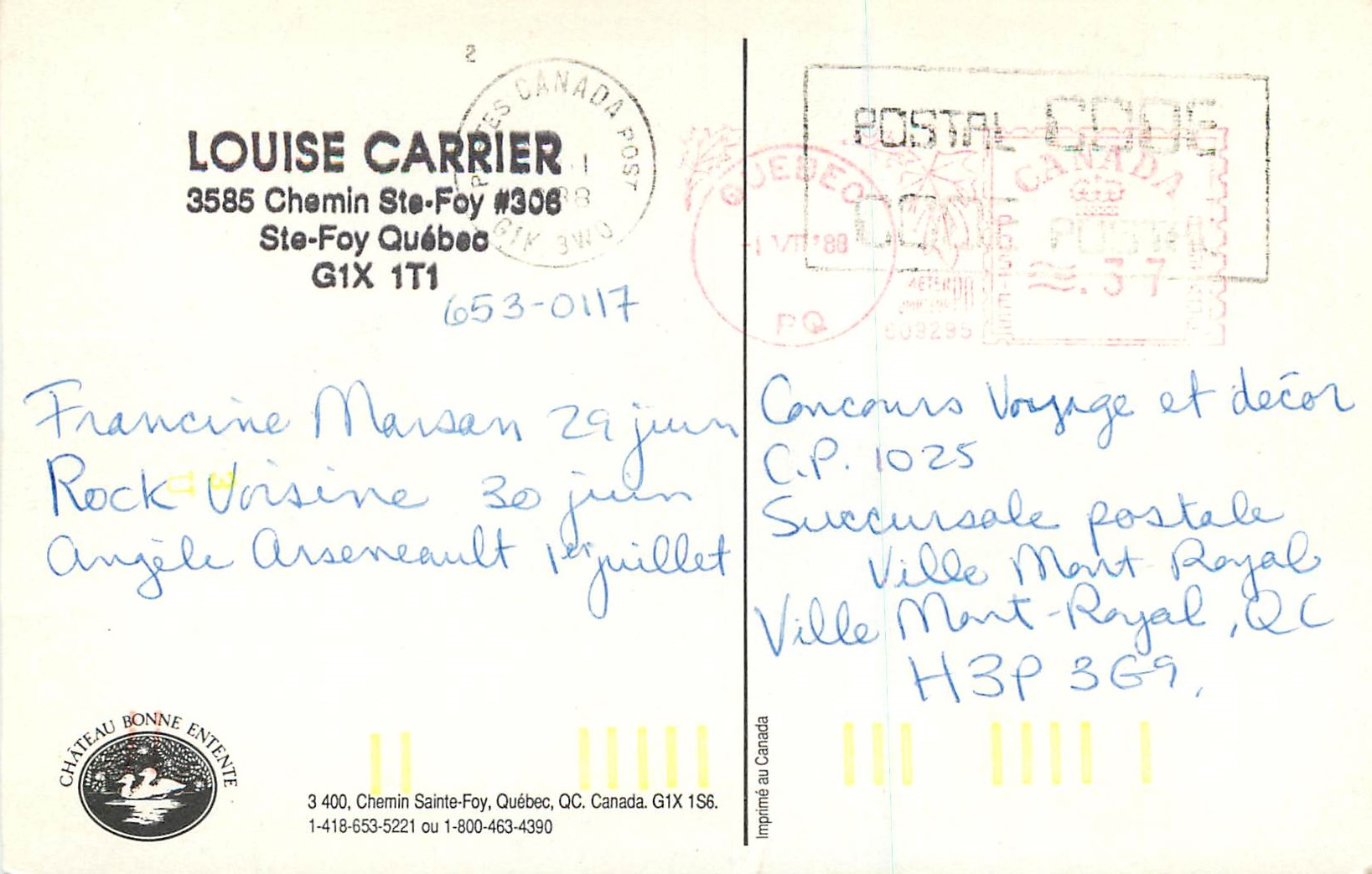 CPM Quebec L'Aute Chateau Louise Carrier Chemin Ste Foy — Rückseite