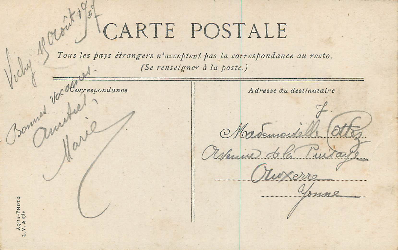 CPA Vichy Le Casino — Verso
