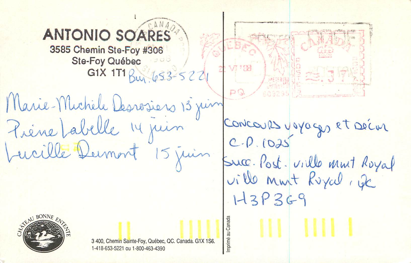 CPM Ste Foy L'Autre Chateau Quebec Antonio Soares Chemin  — Rückseite