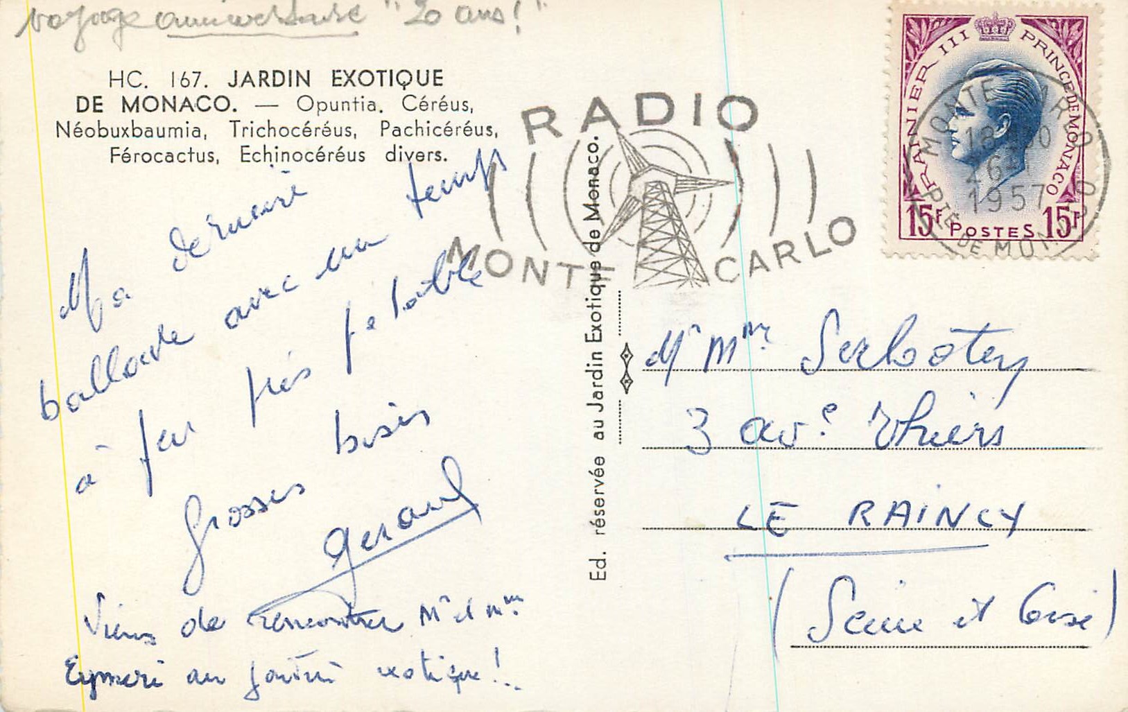 Jardin Exotique de Monaco — Opuntia, Céréus, Néobuxbaumia, Trichocéréus, Pachicéréus, Féroocactus, Echinocéréus divers — Éd. Jardin Exotique de Monaco, Série d'Orse, n° HC.167 — Back