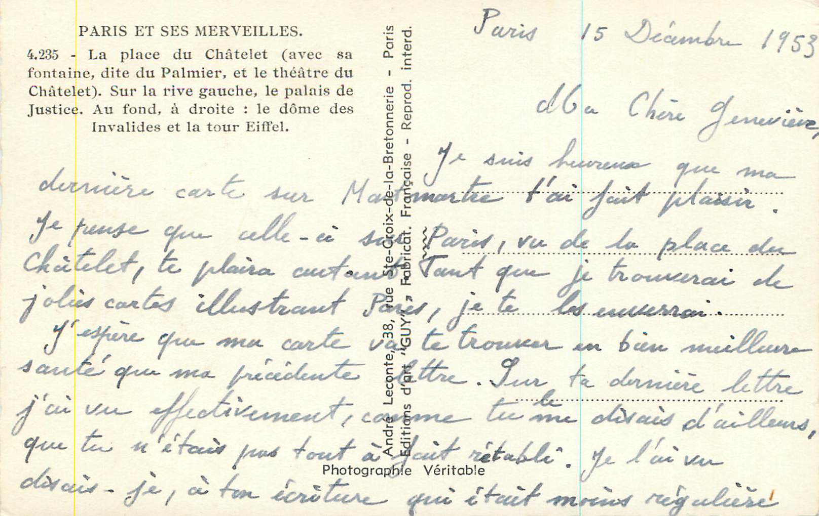 CPM Paris et ses Merveilles La Place du Chatelet (avec sa fontanine dite du palmier et le Theatre du Chatelet) — Rückseite