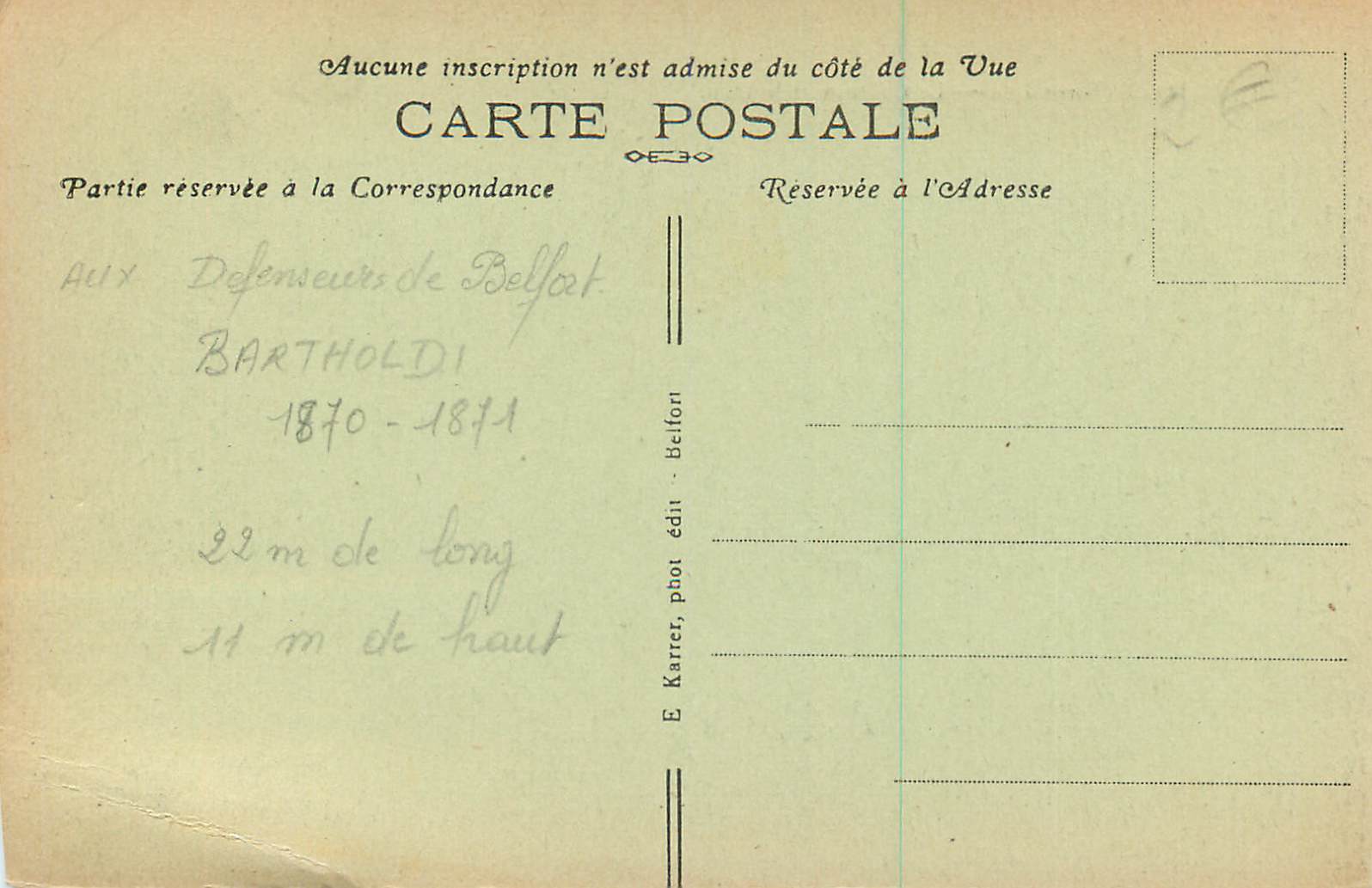 CPA Belfort (Territoire) Le Chateau et le Lion — Rückseite