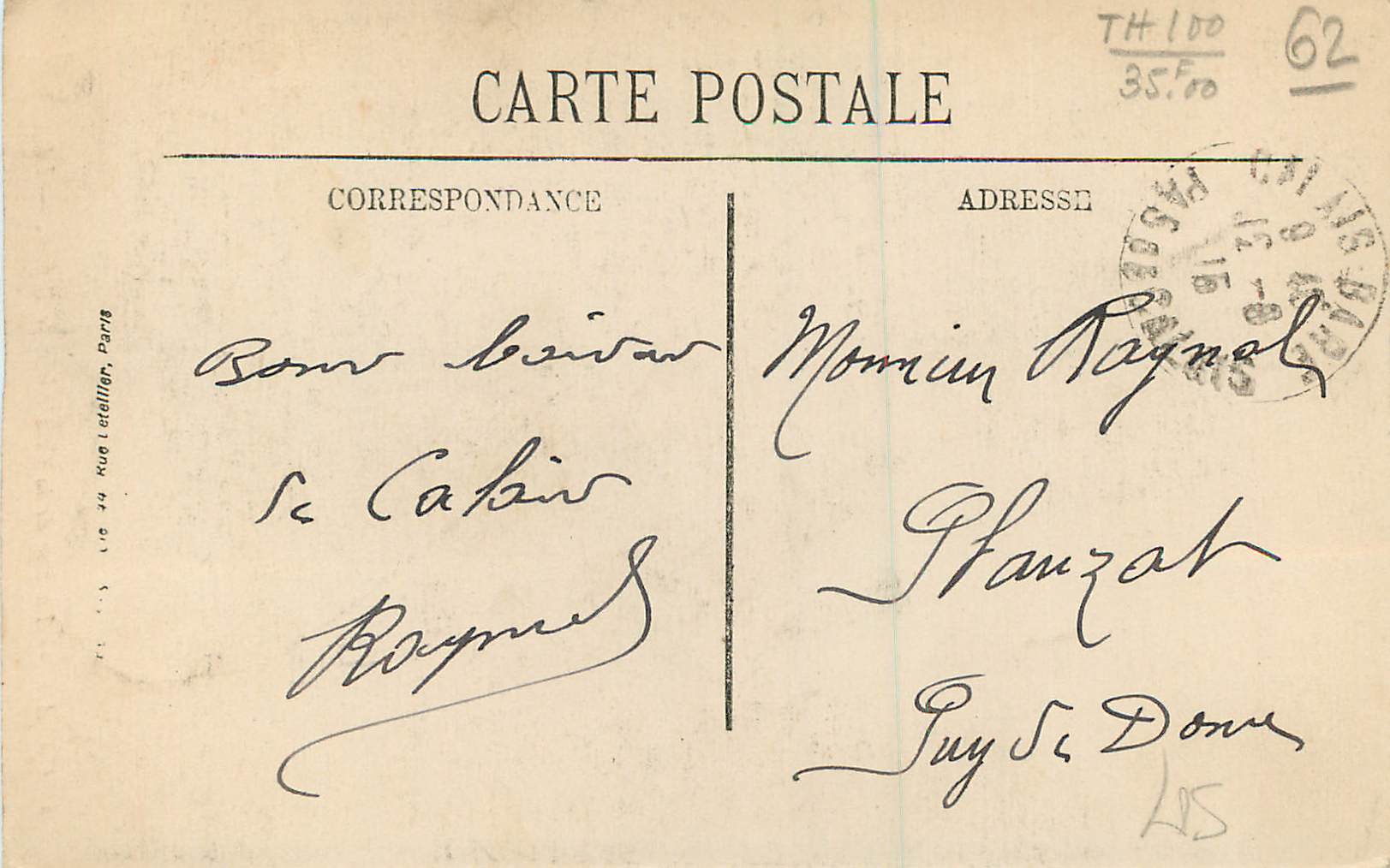 CPA Calais La Rue de la Citadelle et le Beffroi — Rückseite