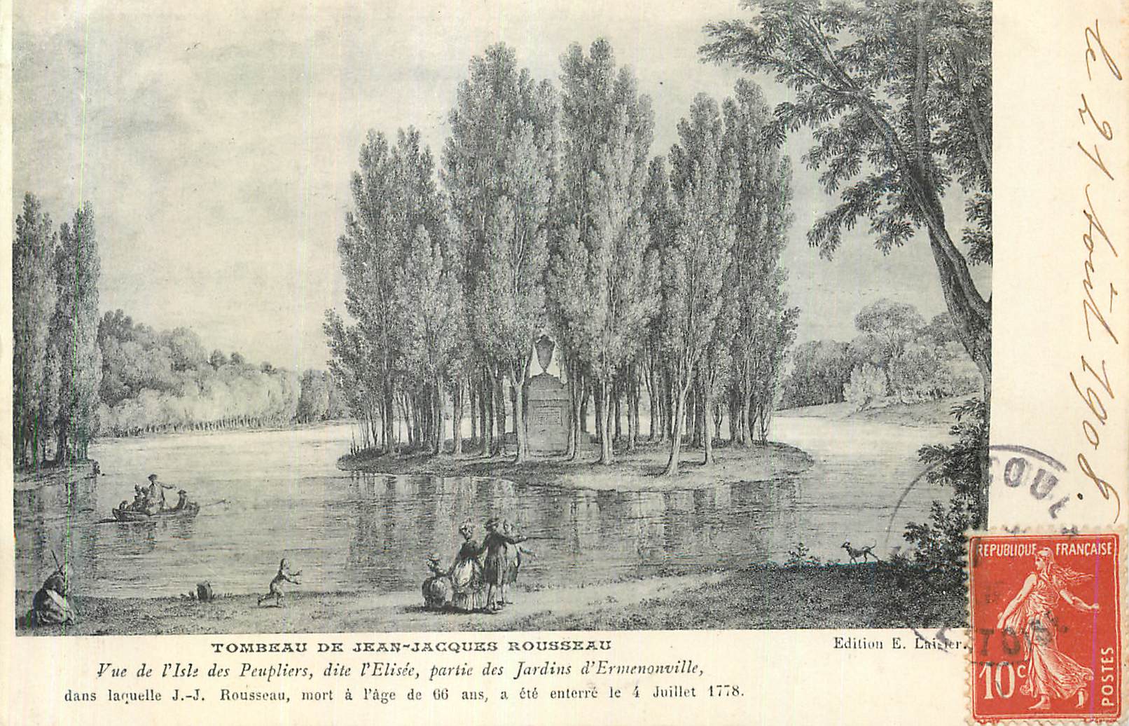 Tombeau de Jean-Jacques Rousseau — Vue de l'Île des Peupliers, Jardins d'Ermenonville — Édition E. Lauter