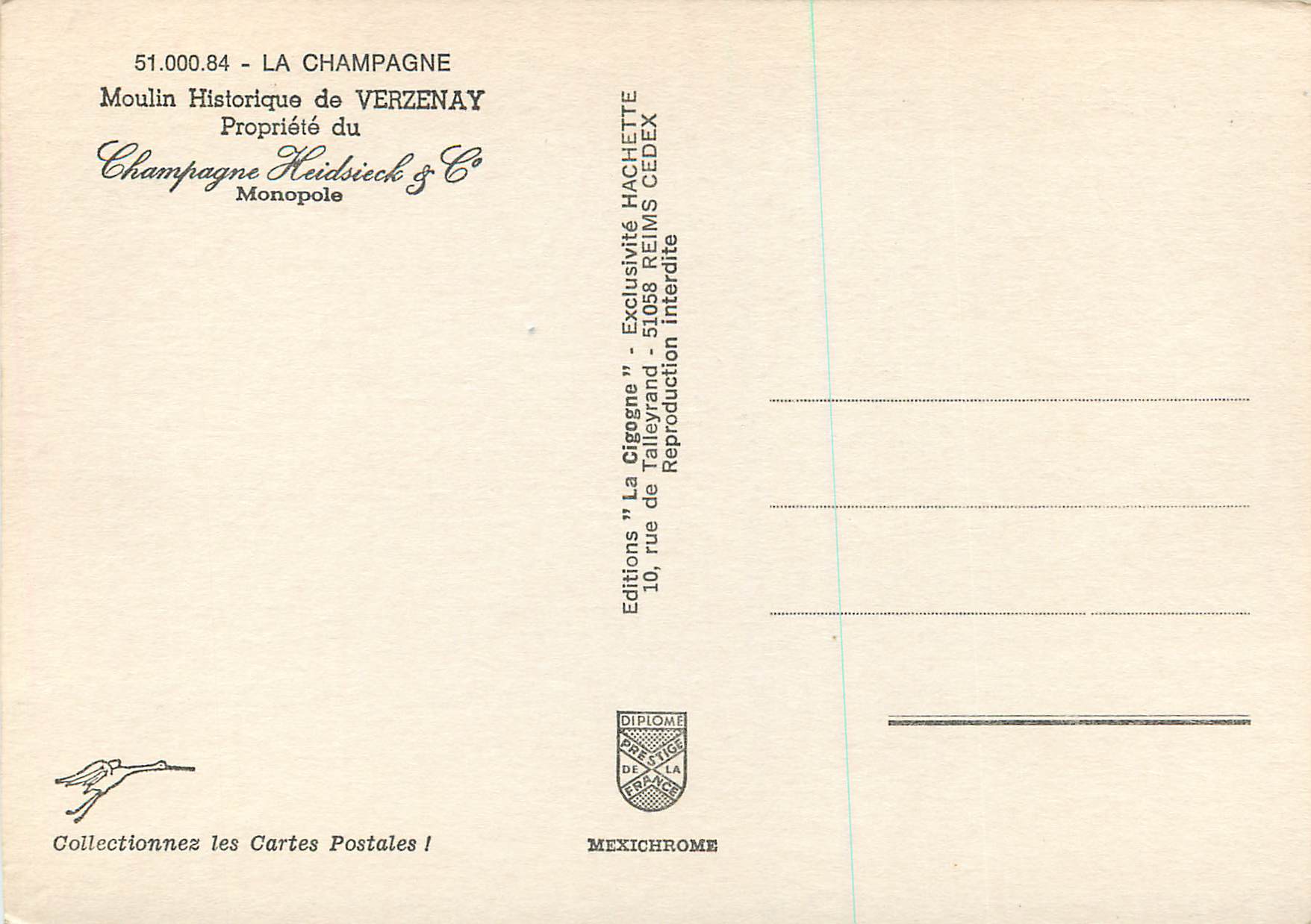 CPM La Champagne Moulin Historique de Verzenay Propriete du Champagne Heidsieck Monopole — Rückseite