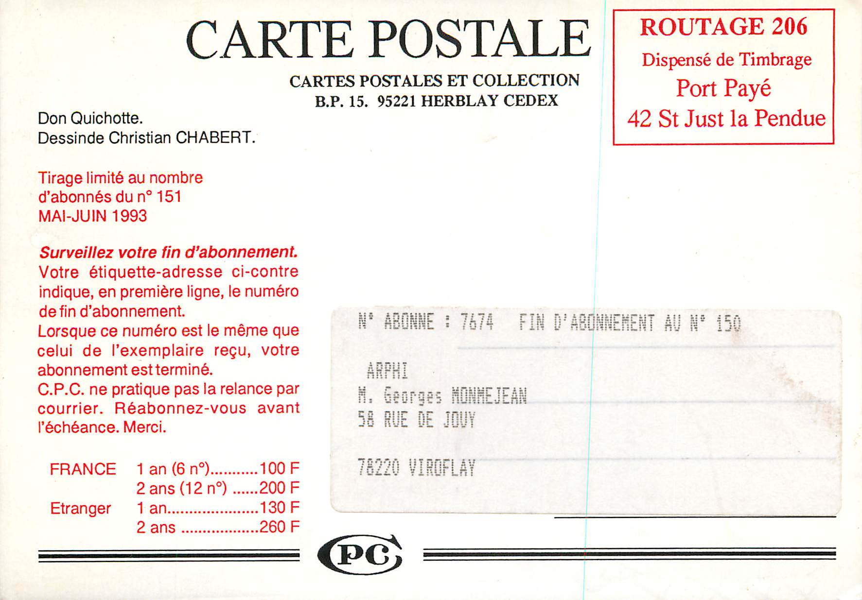 CPM Don Quichotte Dessin de Christian Chabert — Rückseite