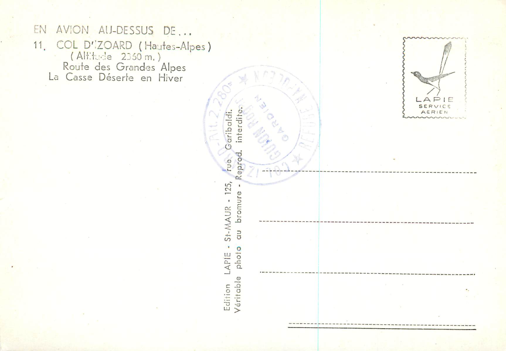 Col d'Zoard — Hautes-Alpes — Édition Lapie Service Aérien — Back