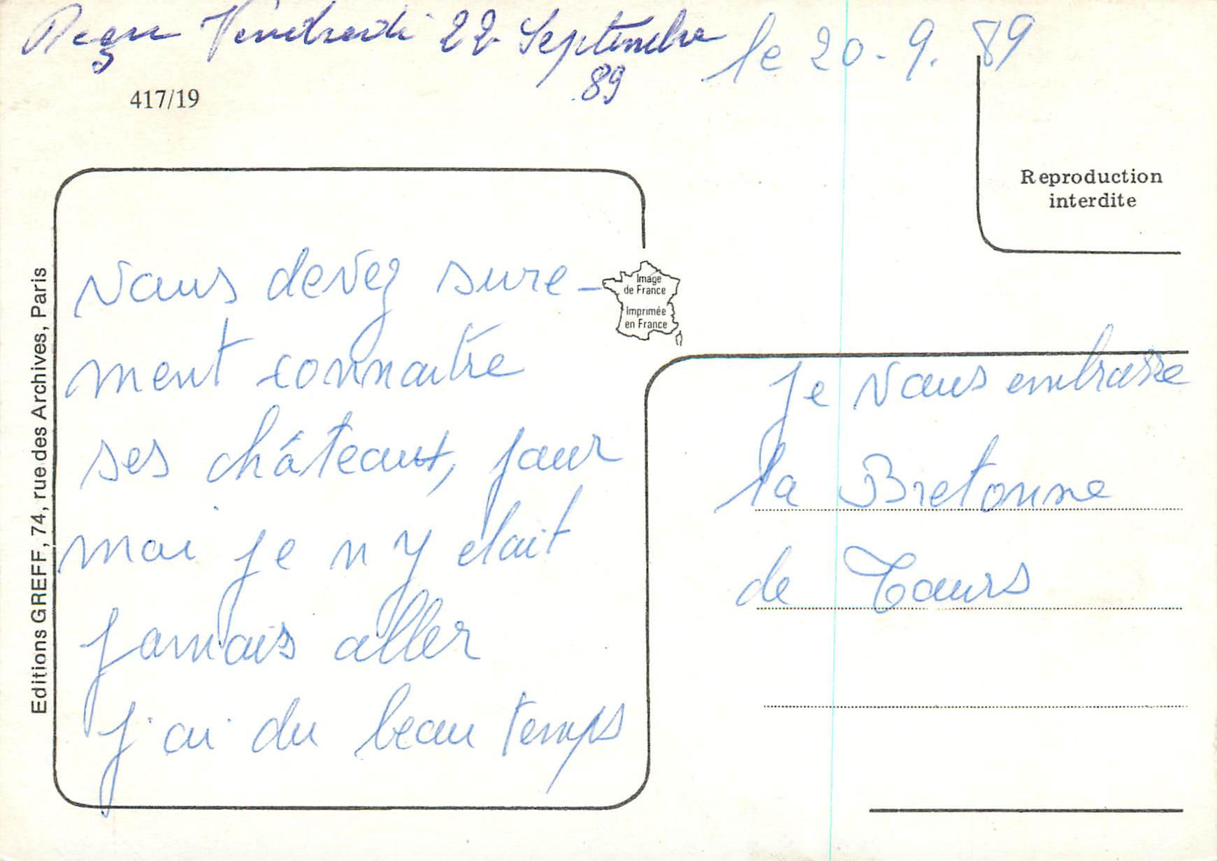 Les Châteaux de la Loire — Chinon, Langeais, Villandry, Azay-le-Rideau, Usse — Éditions GREFF, n° 417/19 — Rückseite