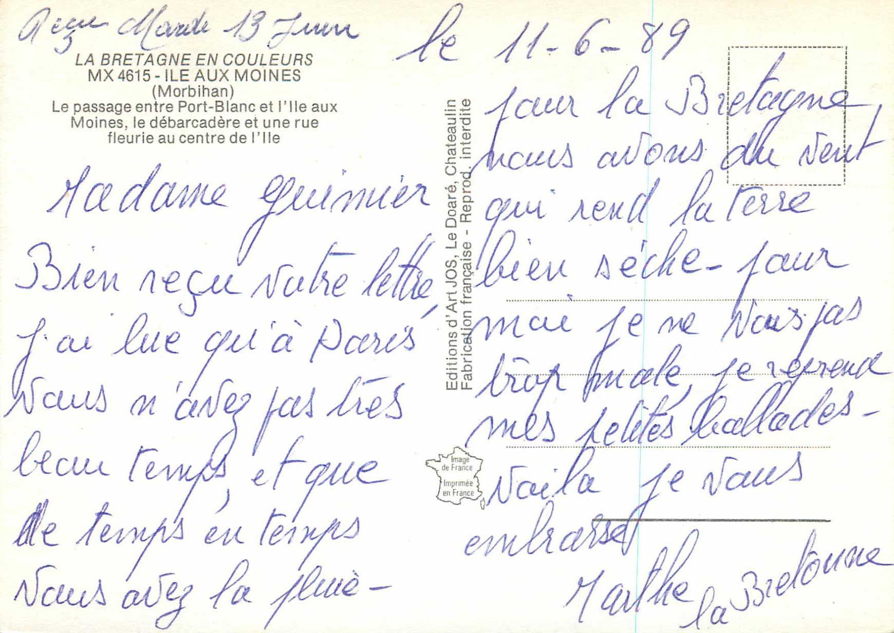 Île aux Moines — Vue aérienne, quai et rue fleurie — Éditions d'Art JOS, Le Doaré — Rückseite