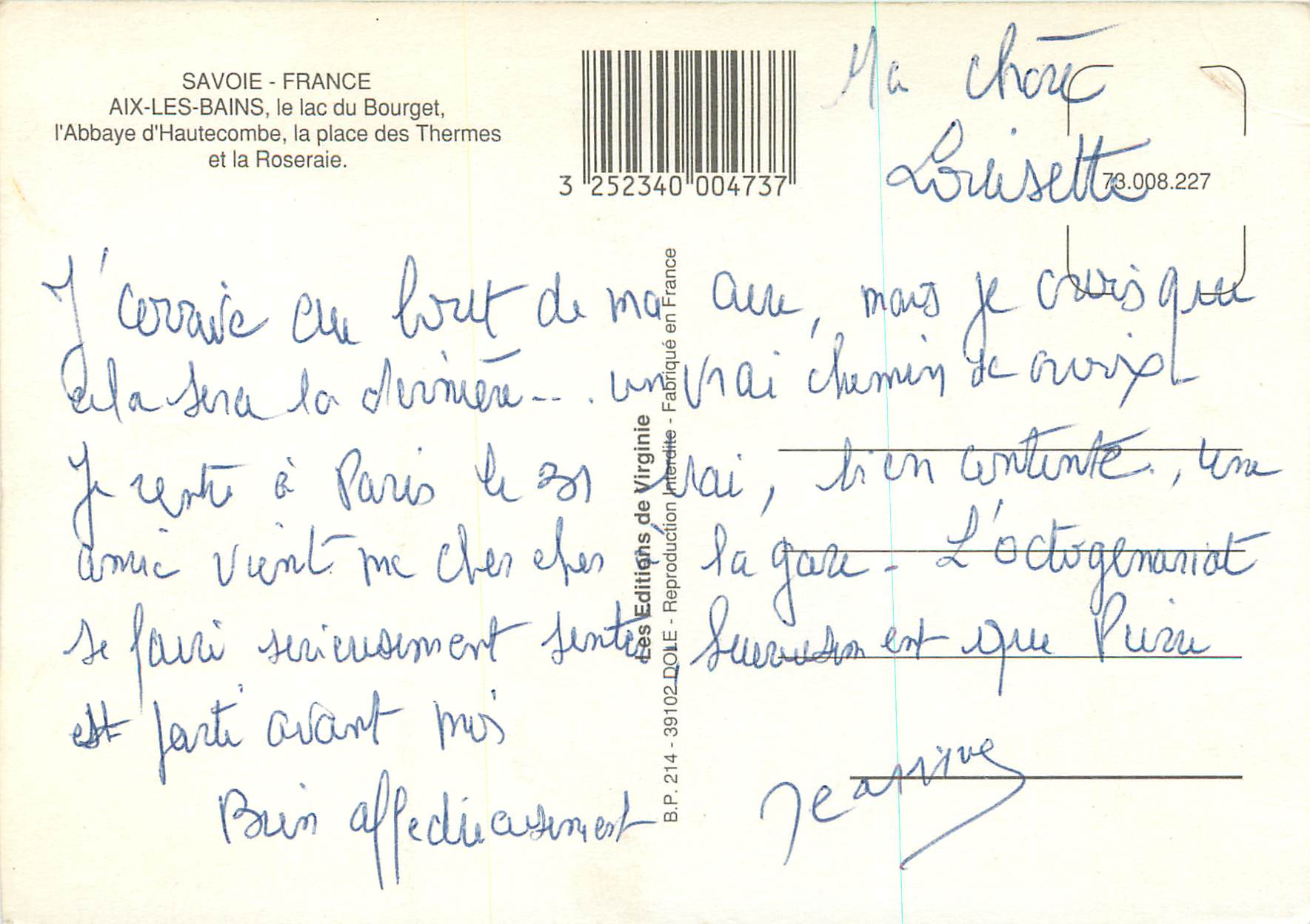 CPA Aix les Bains Savoie France Le Lac du Bourget L'Abbaye d'Hautecombe La Place des Thermes — Verso
