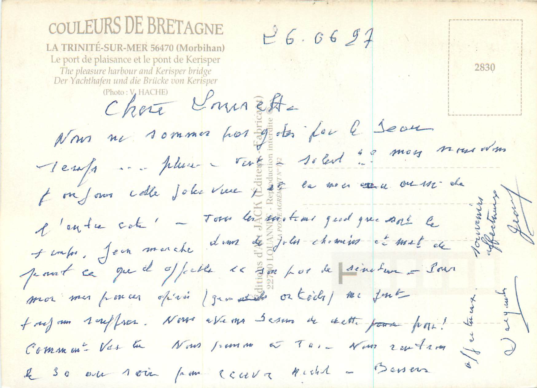 La Trinité-sur-Mer — port et voile coloré — éditeur Couleurs de Bretagne, n°2830 — Rückseite
