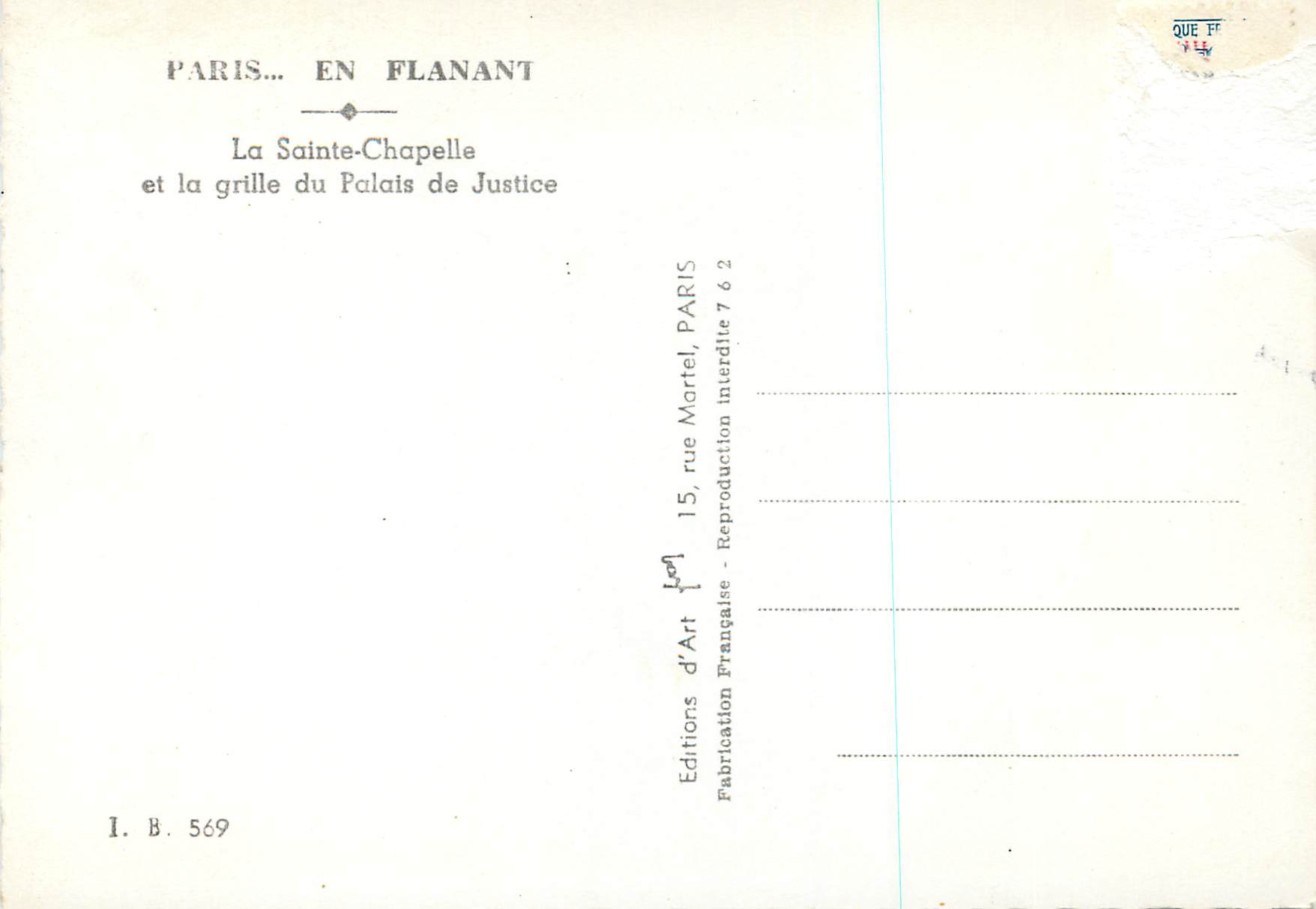 CPA Paris en Flanant La Sainte Chapelle et la Grille du Palais de Justice — Rückseite