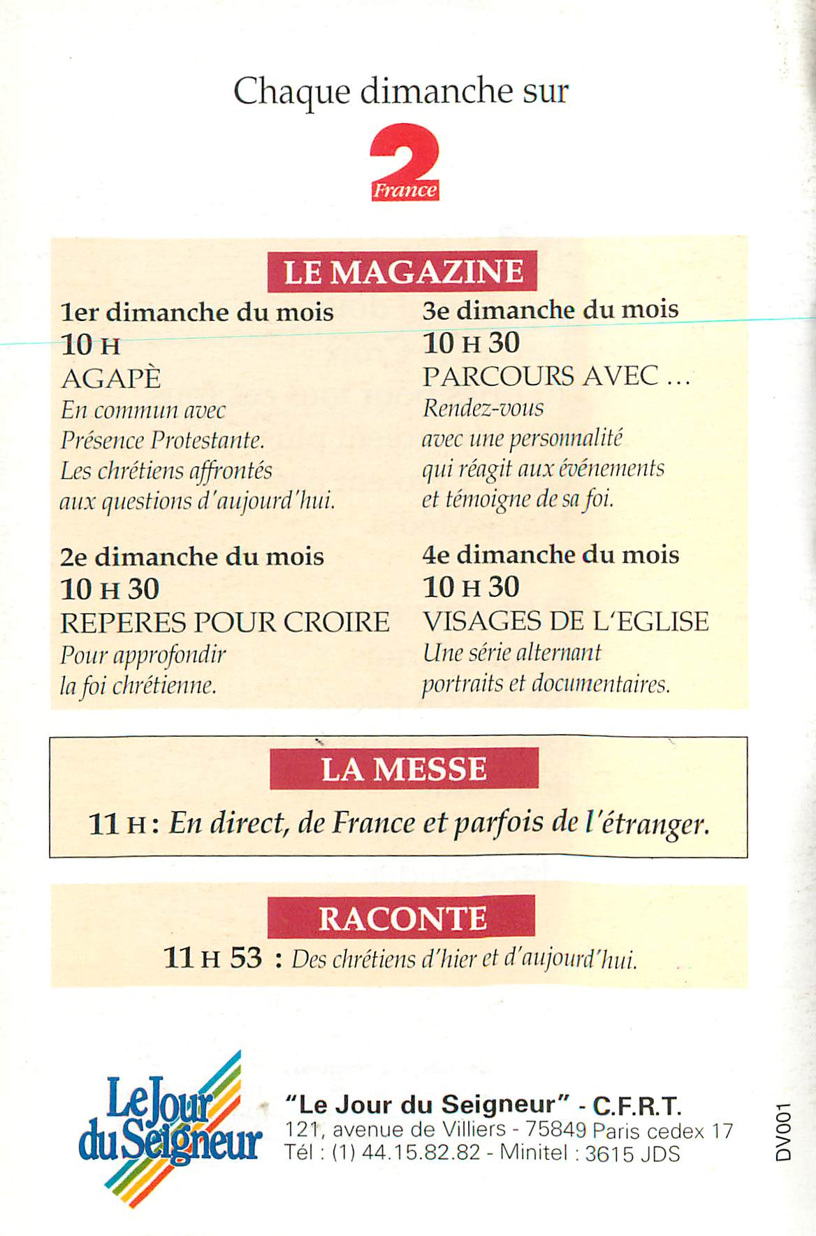 CPA Le Jour du Seigneur Chaque Dimanche sur France 2 Le Magazine La Messe Raconte — Verso