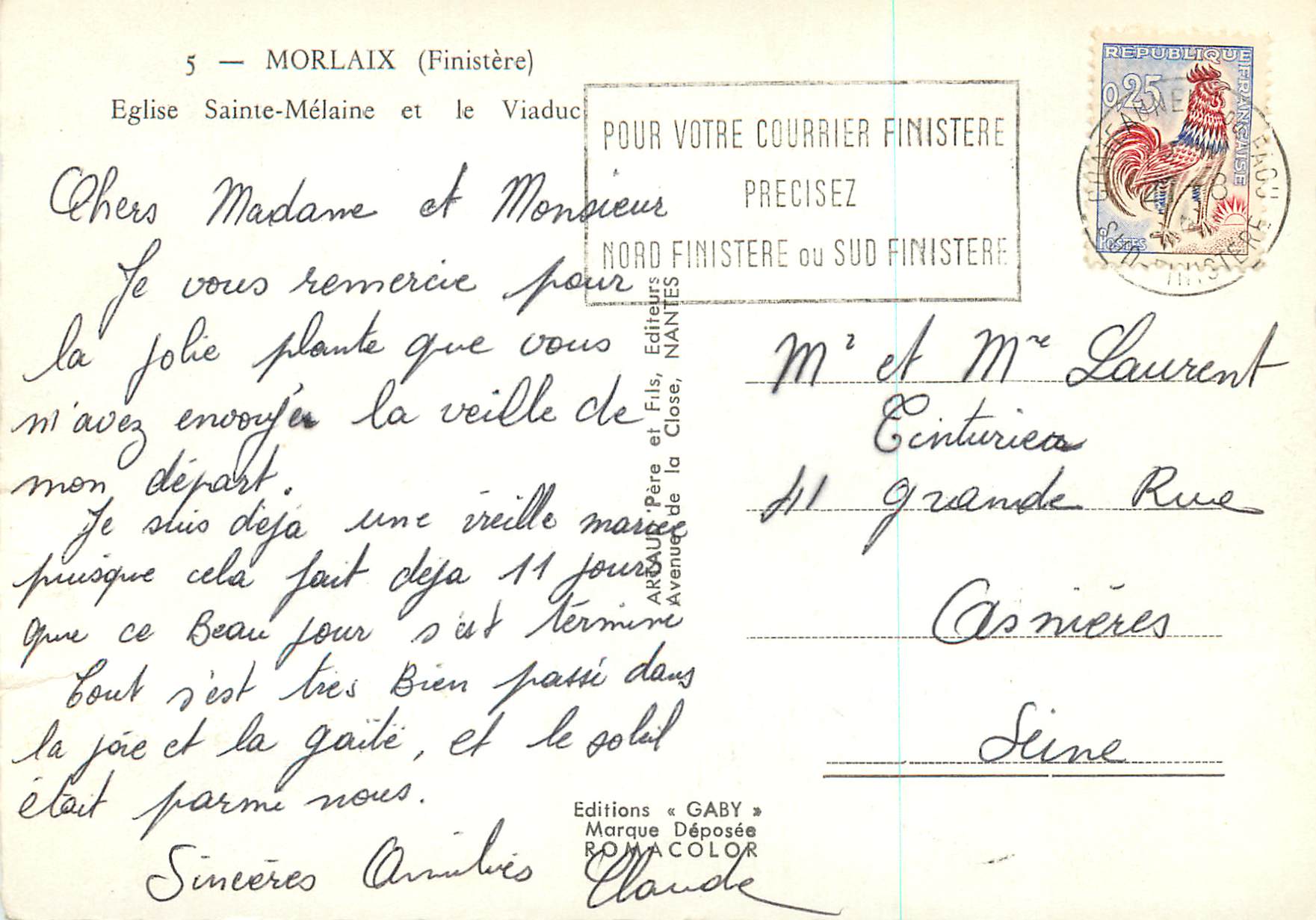 CPA Morlaix (Finistere) Eglise Sainte Malaine et le Viaduc — Rückseite