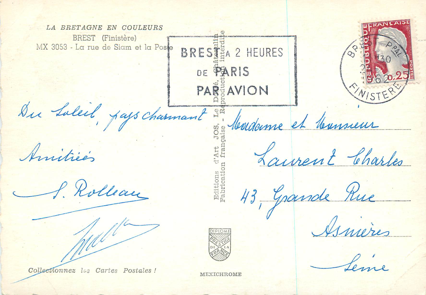 CPA Brest (Finistere) La Bretagne en Couleurs La Rue de Siam et la Poste — Rückseite