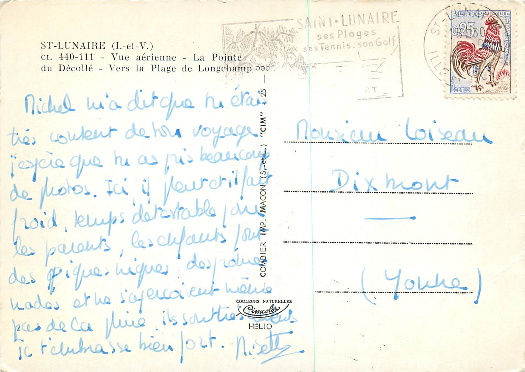 CPM St Lunaire (I et V) Vue Aerienne La Pointe du Decolle Vers la Plage de Longhamp — Verso
