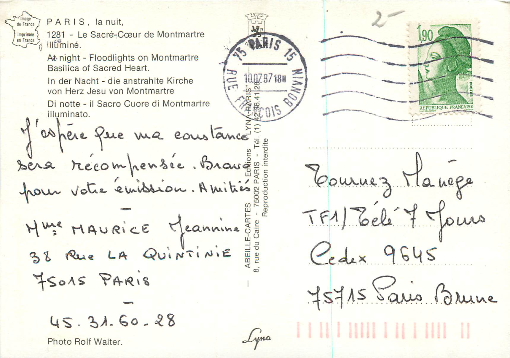 CPM Paris la Nuit Le Sacre Coeur de Montmartre Illumine — Rückseite