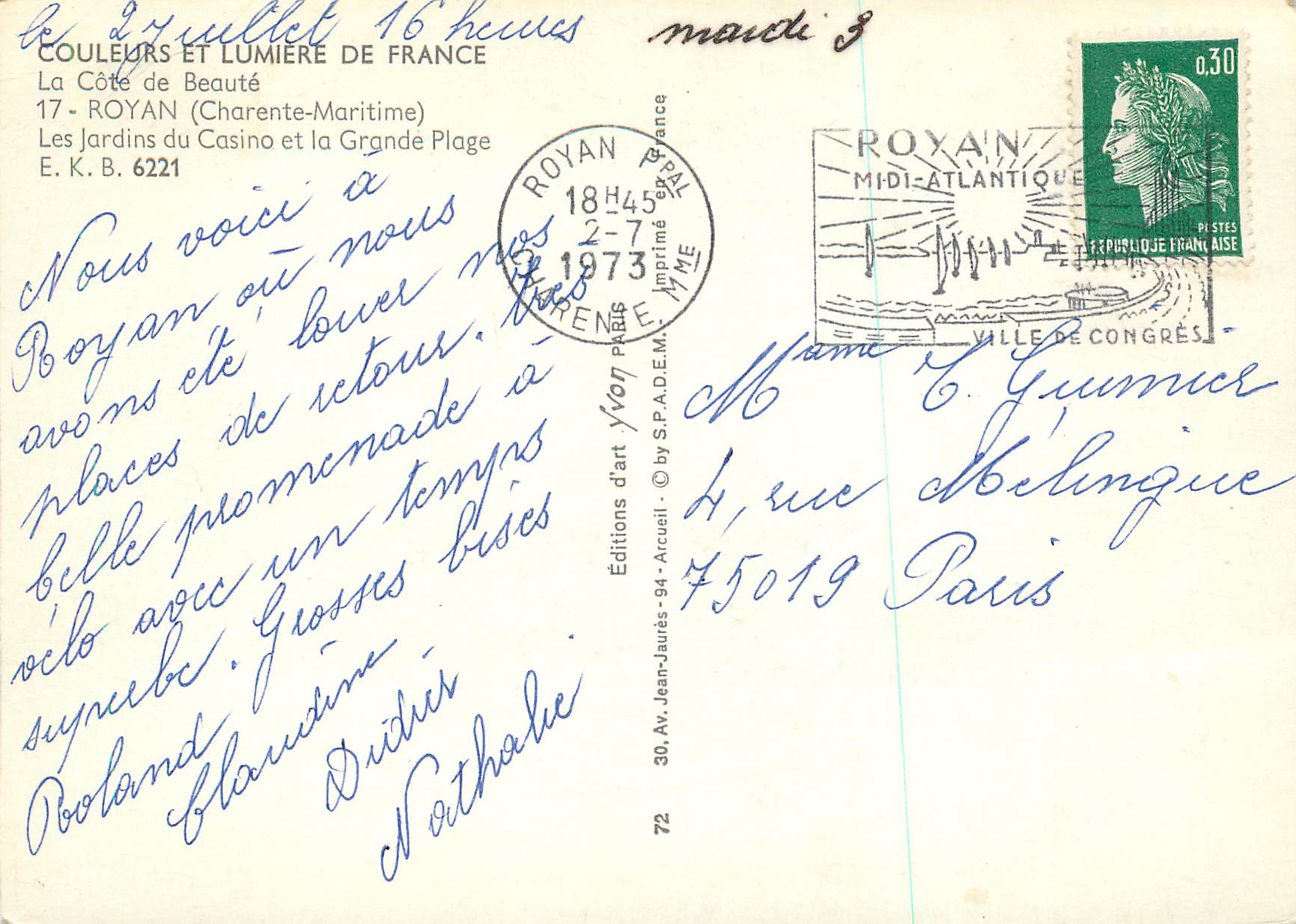 Royan — Les Jardins du Casino et la Grande Plage — Éditions d'Art Yvon - Arcueil — Verso