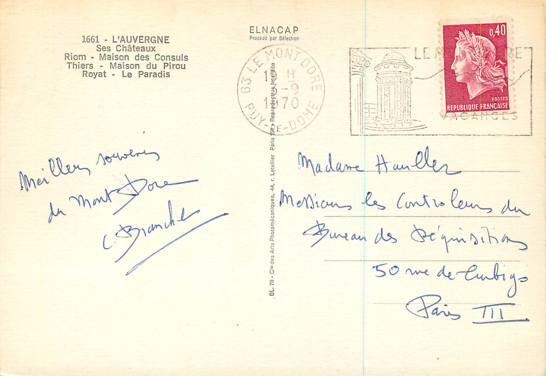 CPM l'Auvergne ses Chateaux Riom Maison des Consuls Thiers Maison du Pirou Royat le Paradis — Rückseite