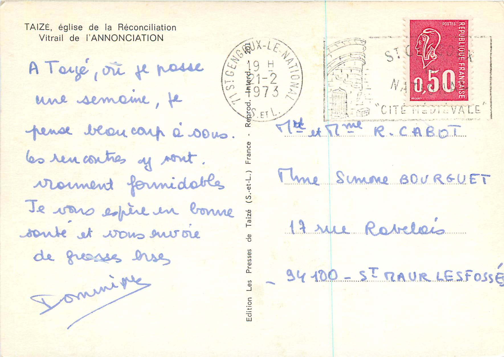 CPM Taize Eglise de la Reconciliation Vitrail de l'Annonciation — Rückseite