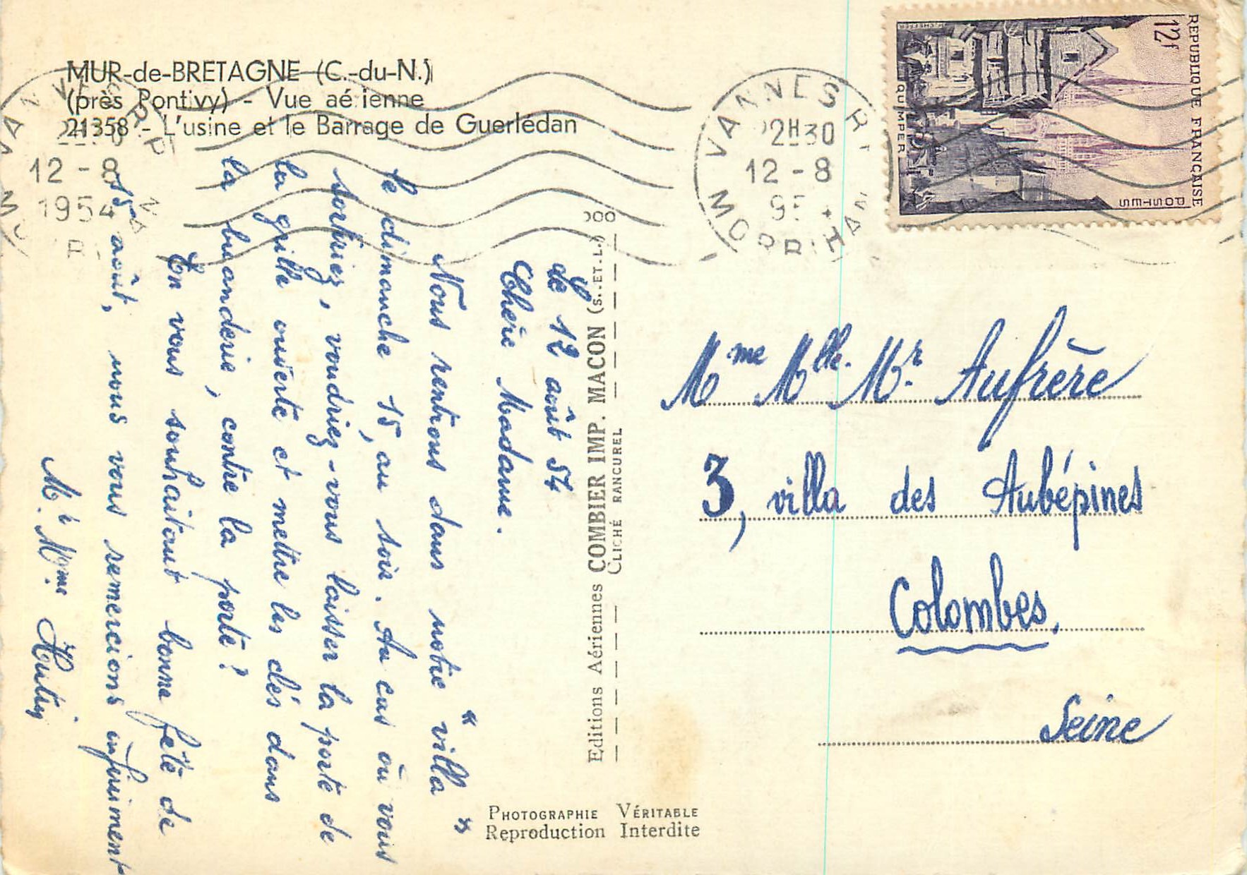 Barrage de Guerledan — Mur-de-Bretagne (C.-du-N.) — Éditions Aériennes Véritable — Rückseite