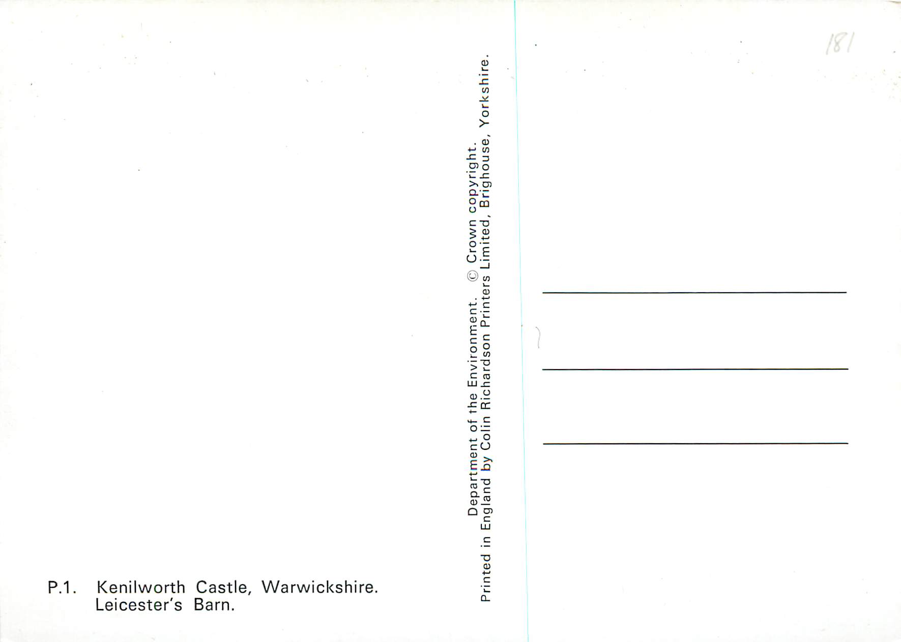 CPM Warwickshire Kenilworth Castle Leicester's Barn — Rückseite