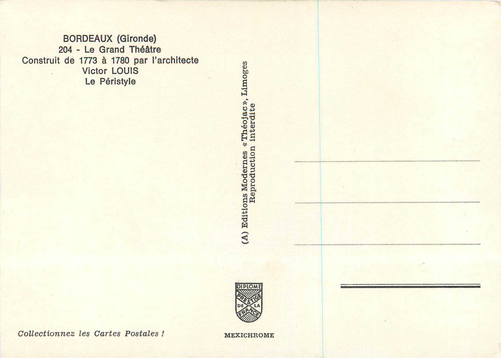CPM Bordeaux (Gironde) le Grand Theatre — Verso