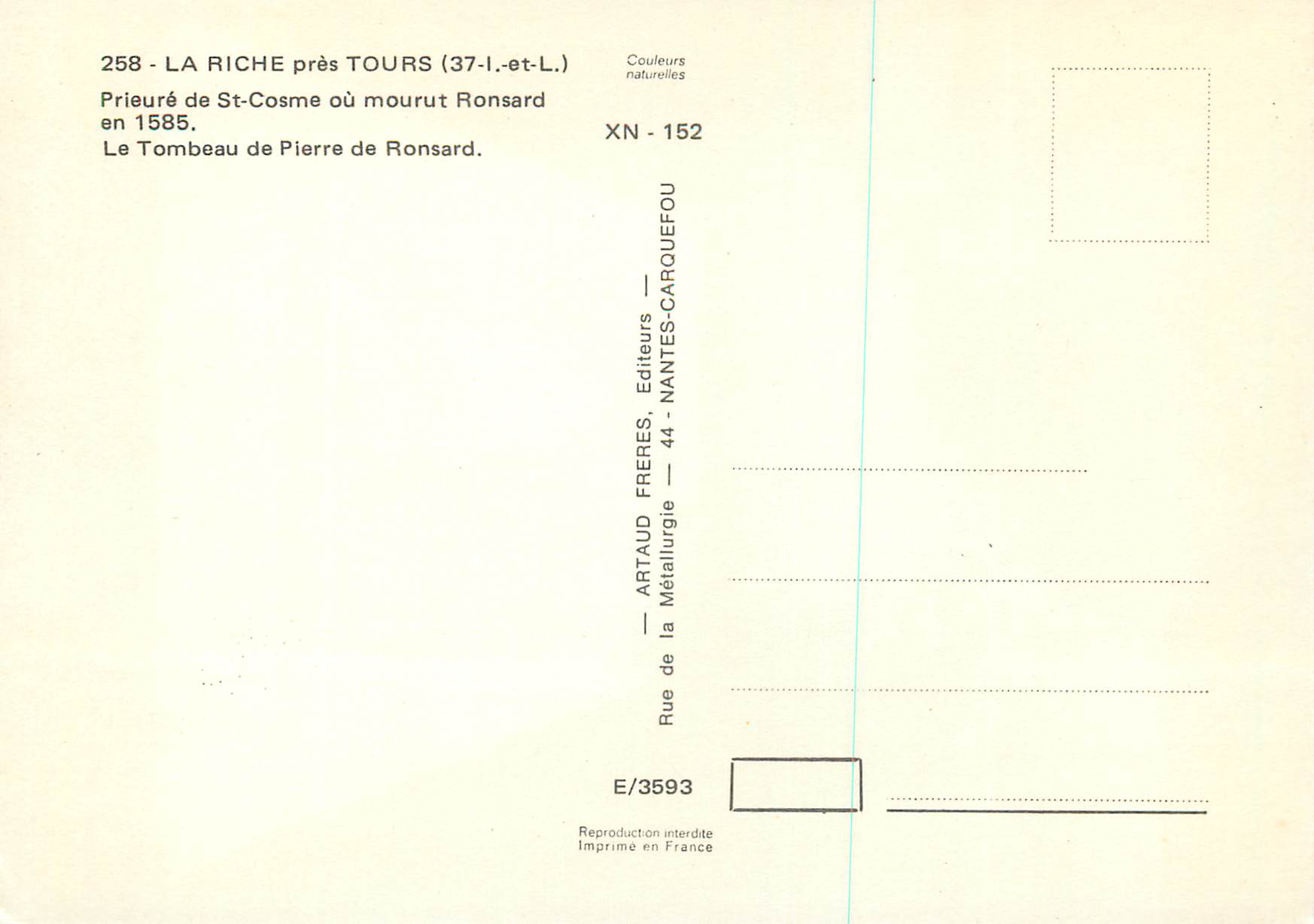CPM la Riche pres Tours (I et L) Prieure de Saint Cosme le Tombeau de Pierre de Ronsard  — Rückseite