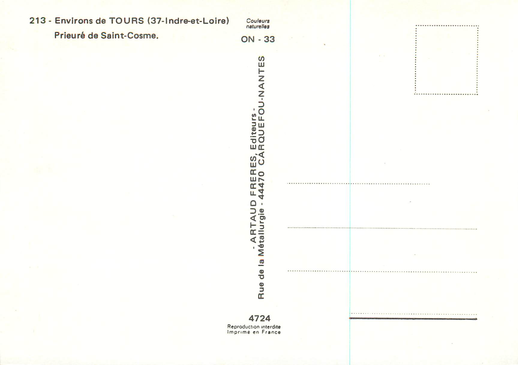 CPM la Riche pres Tours (Indre et Loire) Prieure de Saint Cosme — Rückseite