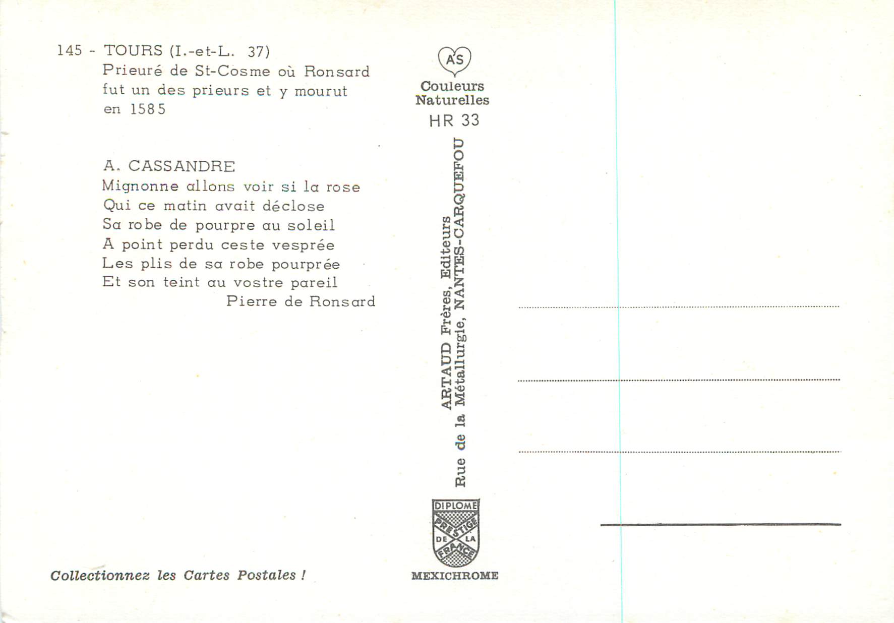 CPM Tours (I et L) Prieure de Saint Cosme  — Rückseite