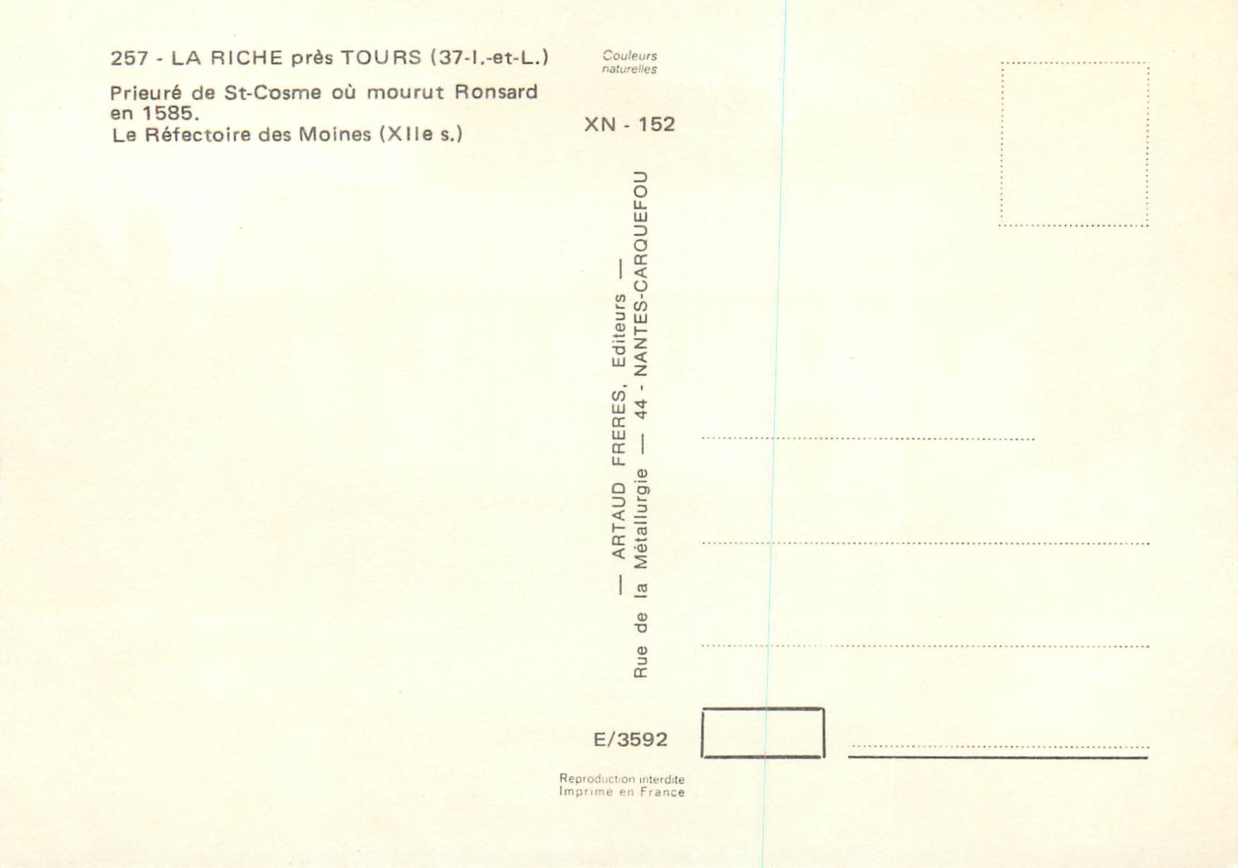 CPM la Riche pres Tours (I et L) Prieure de St Cosme — Rückseite