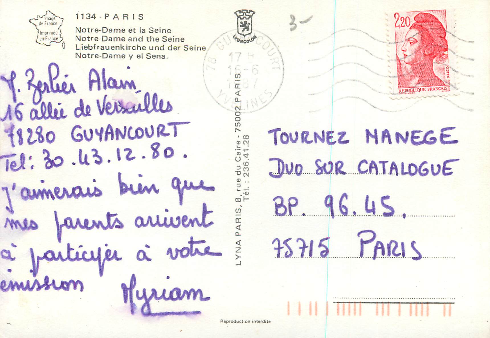 CPM Paris Notre Dame et la Seine  — Verso