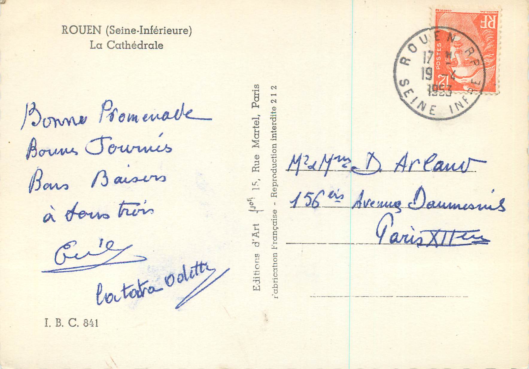 CPM Rouen (Seine Inferieure) la Cathedrale — Verso
