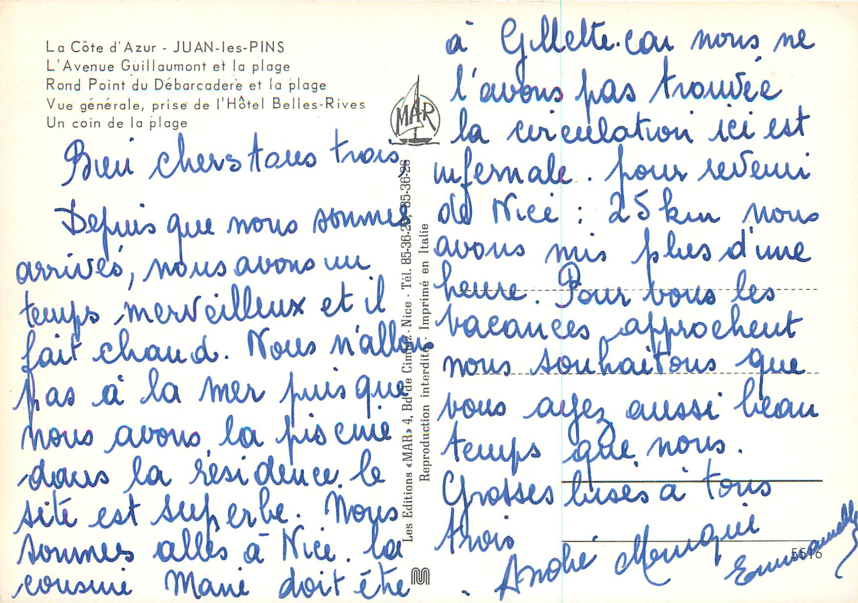 CPM Juan les Pins la Cote d'Azur l'Avenue Guillaumont et la Plage — Rückseite