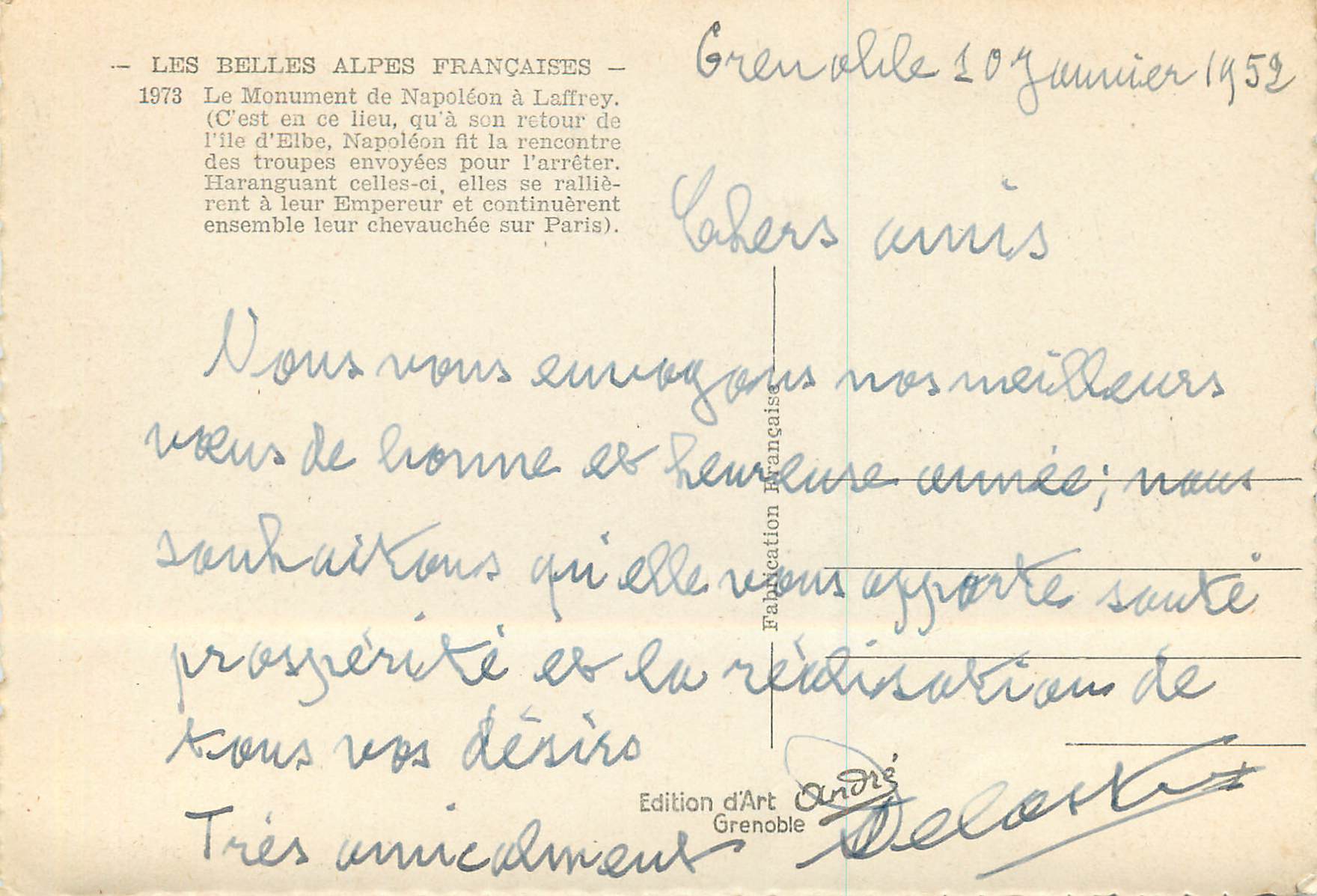 Monument de Napoléon à Laffrey — Les Belles Alpes Françaises — Édition d'Art Andris, Grenoble — Verso