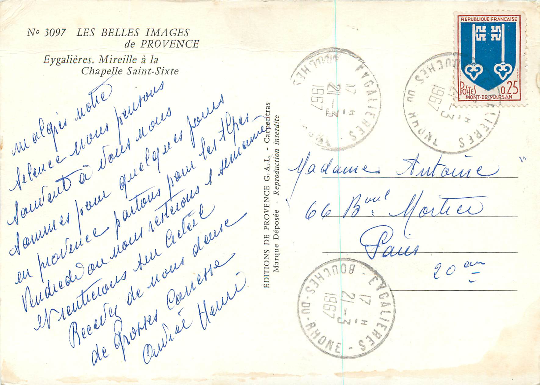 CPM les Belles Images de Provence Eygalieres Mireille a la Chapelle Saint Sixte — Verso