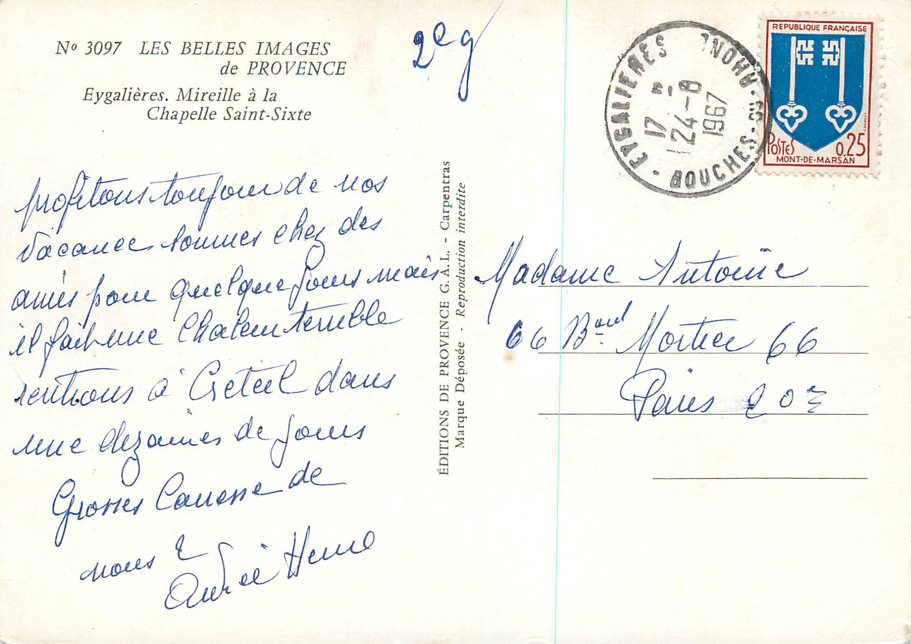 CPM les Belles Images de Provence Eygalieres Mireille a la Chapelle Saint Sixte — Verso