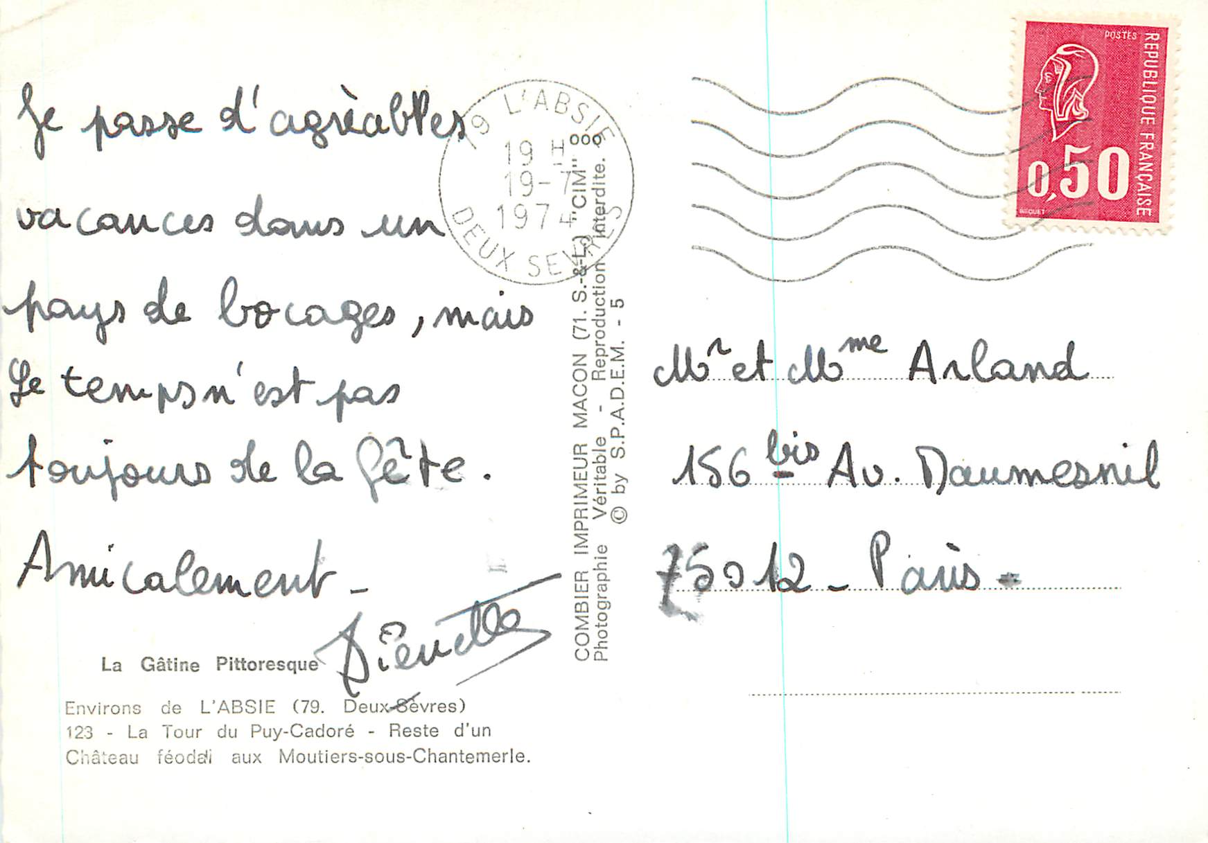 CPM Environs de l'Absie (Deux Sevres) la Gatine Pittoresque LA tour du Puy Cadore Moutiers sous Chantemerle — Rückseite