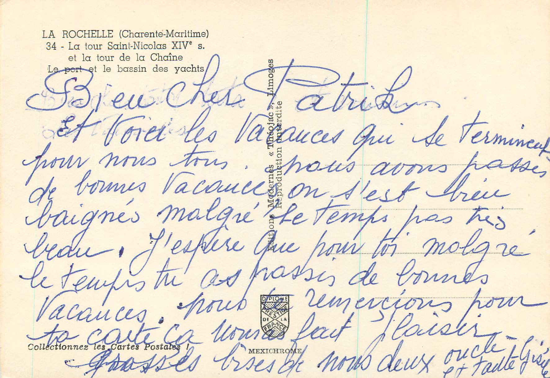 CPM la Rochelle (Charente Maritime) la Tour Saint Nicolas XIV e s — Verso