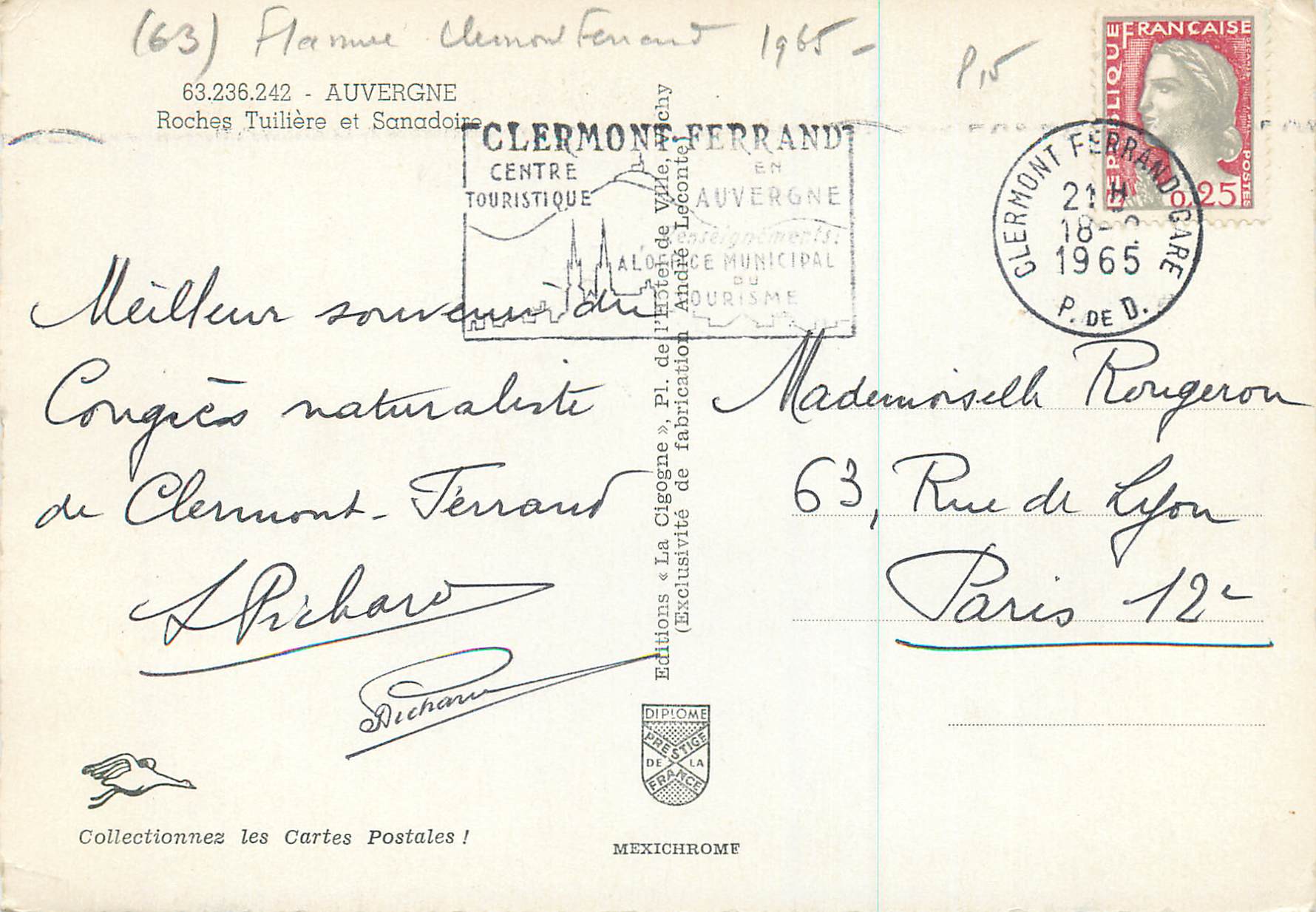 CPM Auvergne Roches Tuiliere et Sanadoire — Rückseite
