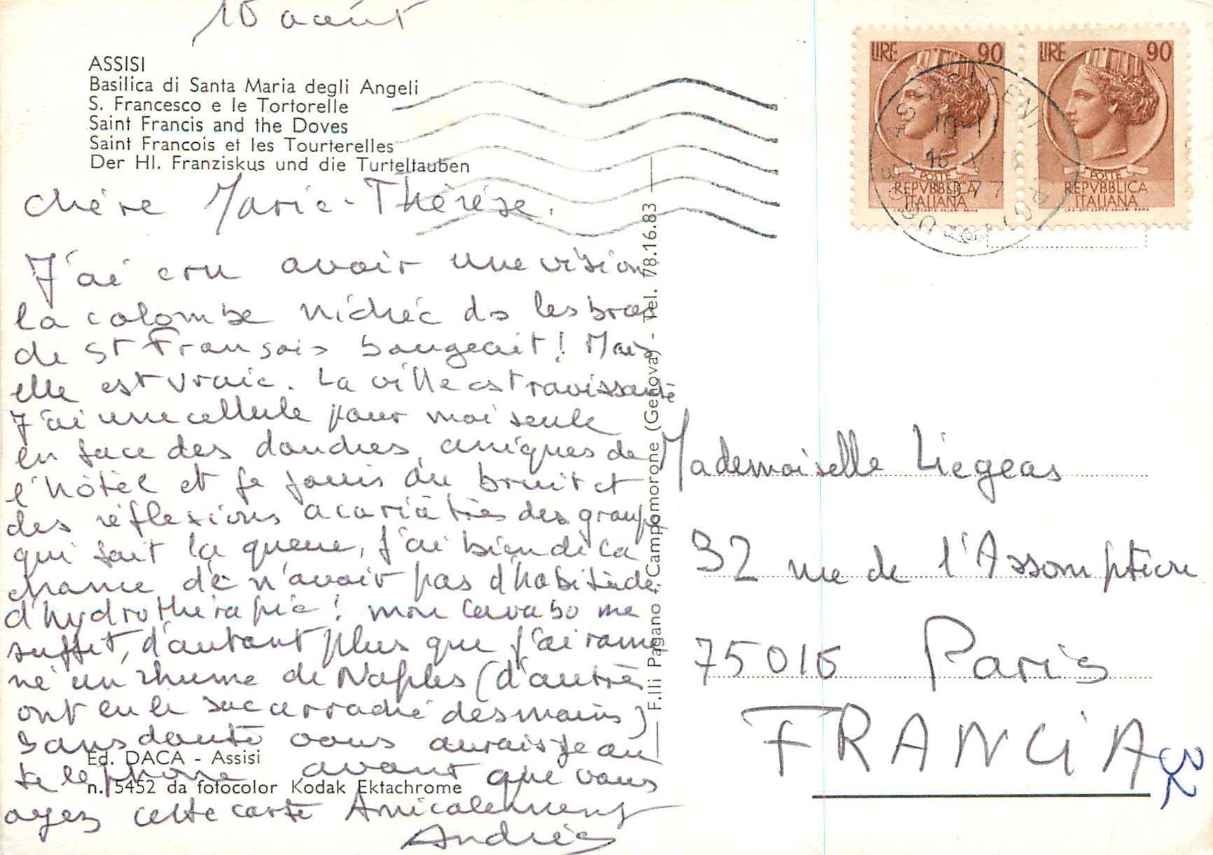 CPM Assisi Saint Francois et les Tourterelles — Rückseite
