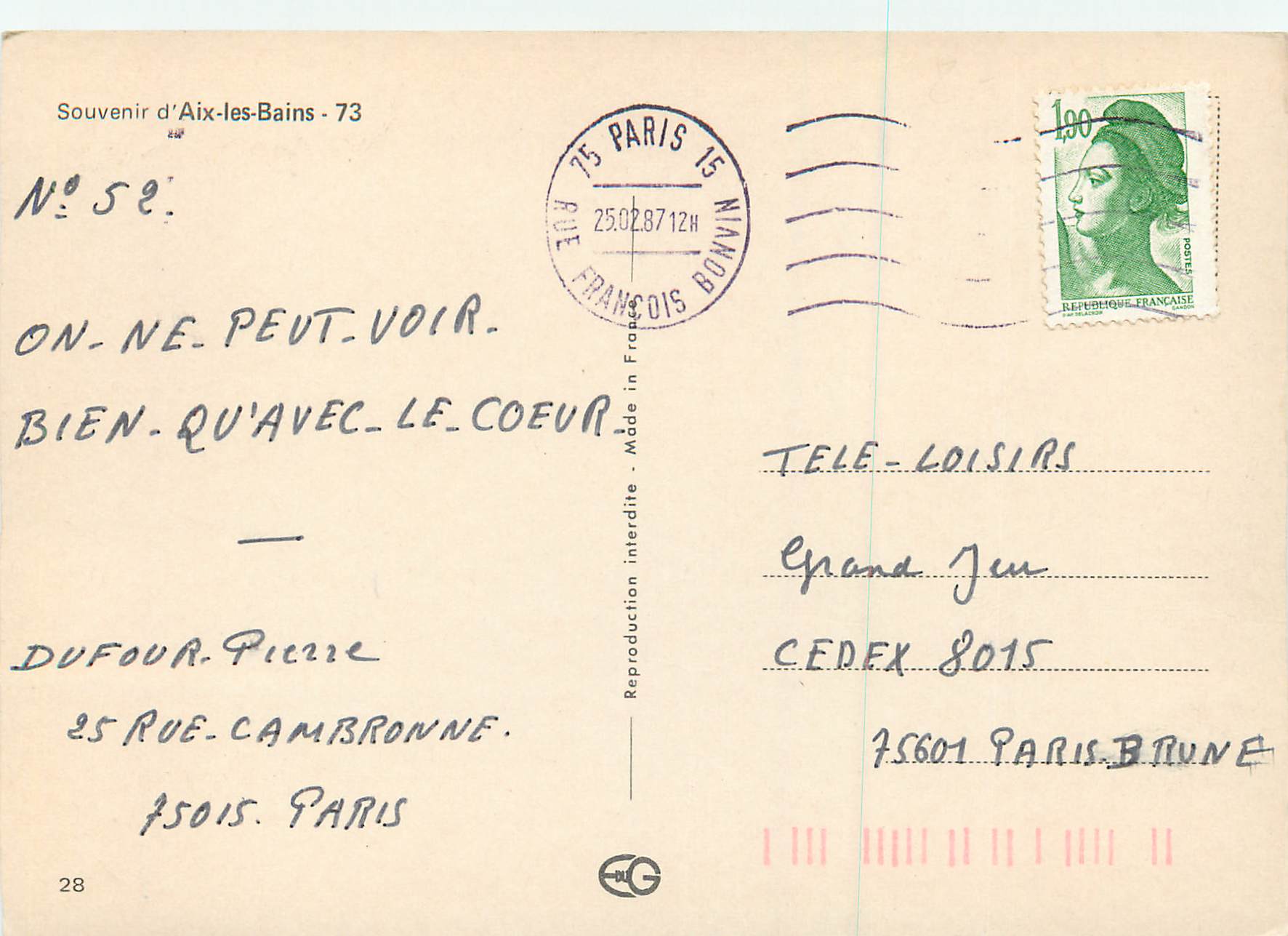 CPM Souvenir d'Aix les Bains — Rückseite