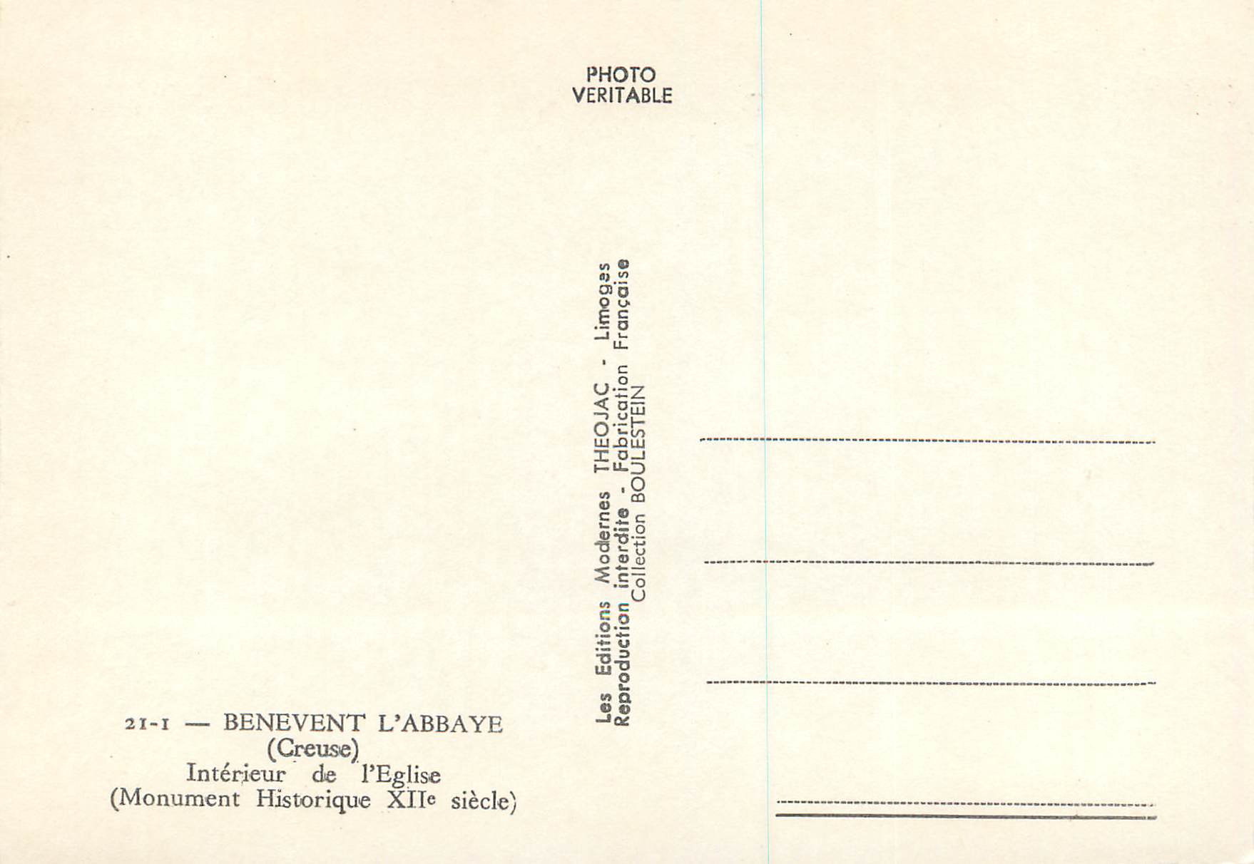 Intérieur de l'abbaye de Bénévent — Creuse — éditeur Théojac, n° 21-1 — Verso
